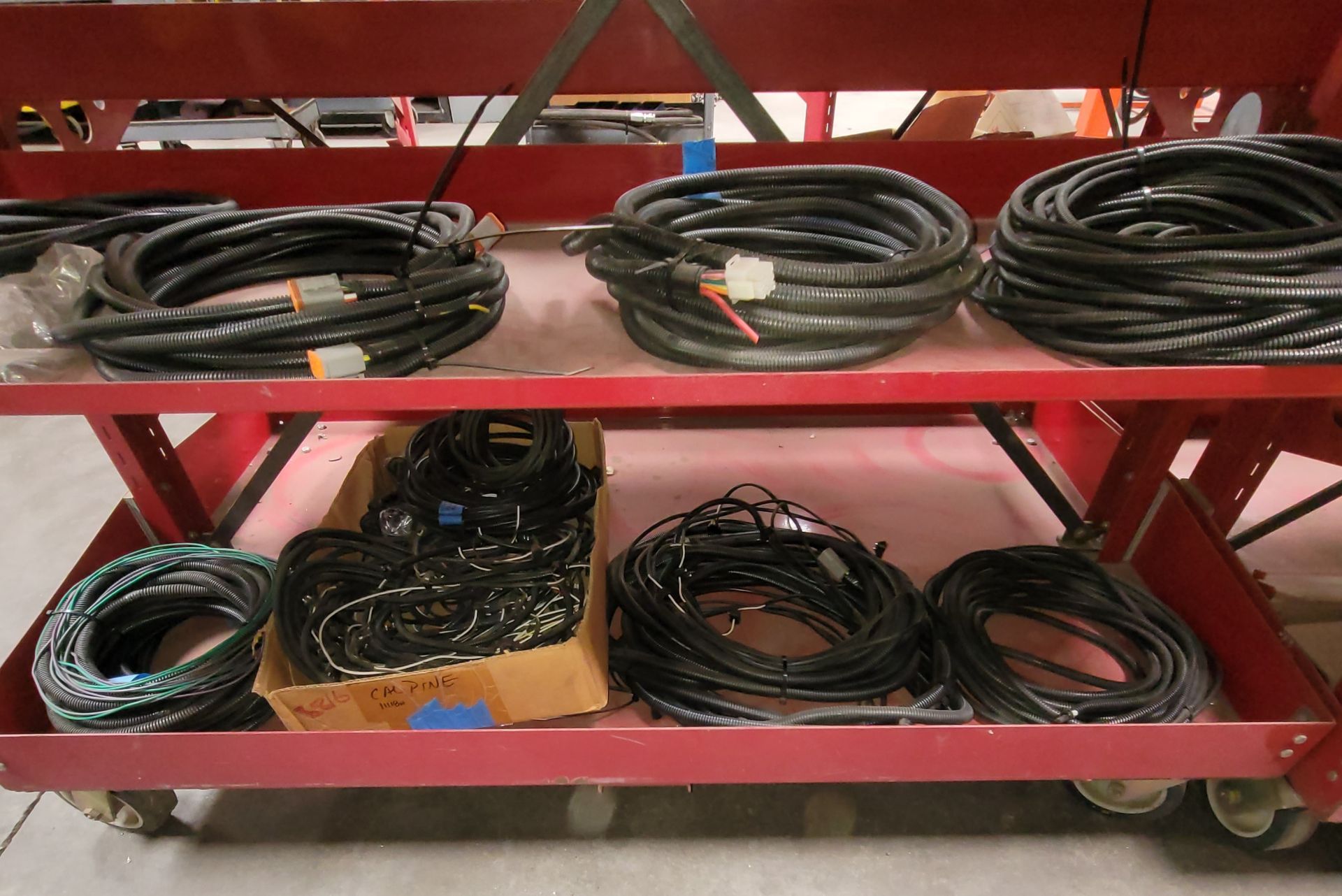 LOT - PRE-MADE WIRING HARNESSES AND BOX OF PLASTIC FLEX WIRE CONDUIT, CART NOT INCLUDED - Image 2 of 3