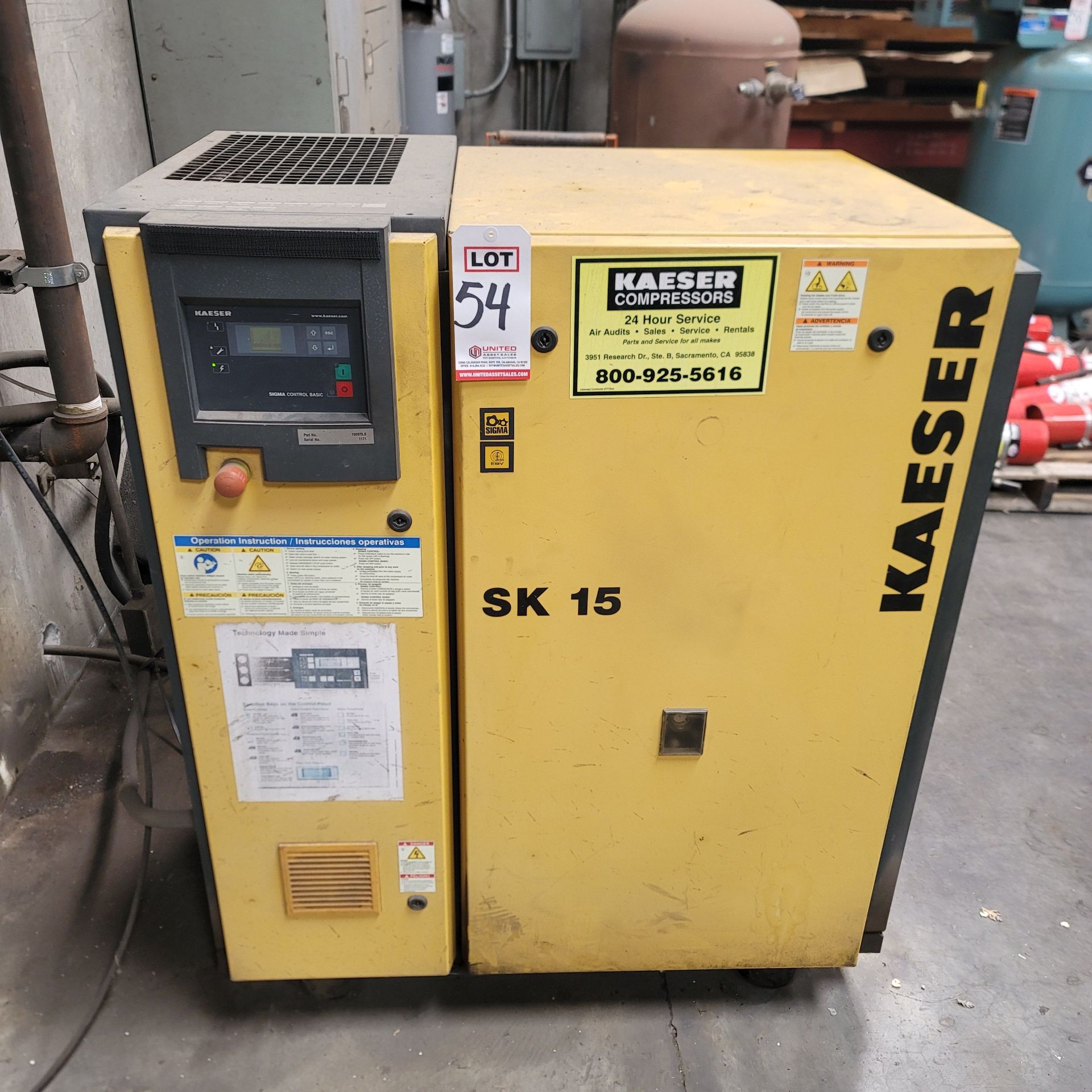 2005 KAESER SK 15 ROTARY SCREW TYPE AIR COMPRESSOR, 15 HP, PART NO. 100975.0, 36,185 HOURS, S/N