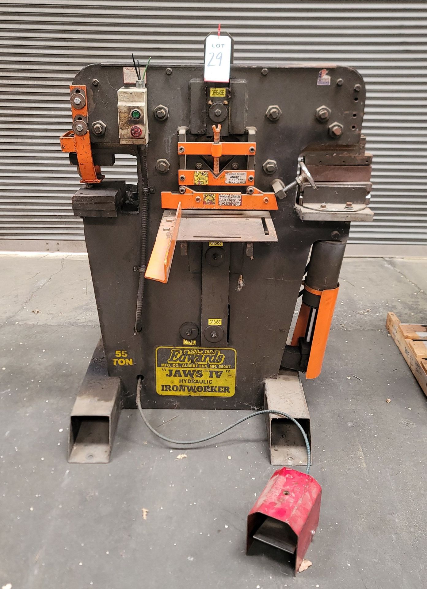 EDWARDS 55-TON JAWS IV HYDRAULIC IRONWORKER, S/N 35295503, W/ BOX OF TOOLING