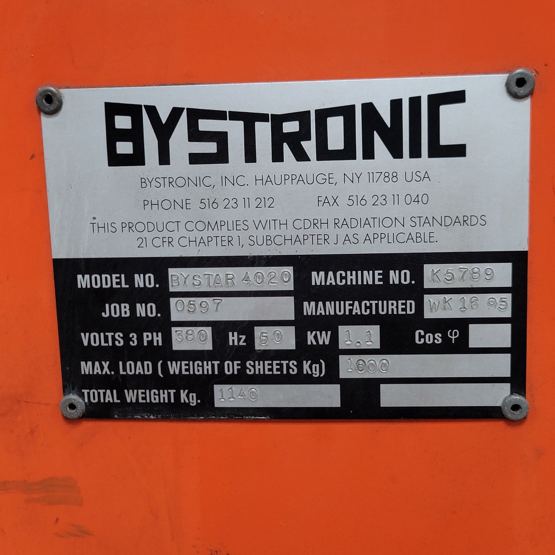 1995 BYSTRONIC BYSTAR 4020-2 LASER CUTTER, BTL 2800 TURBO LASER 2800-WATT CO2 RESONATOR, 6' X 12' - Image 36 of 36