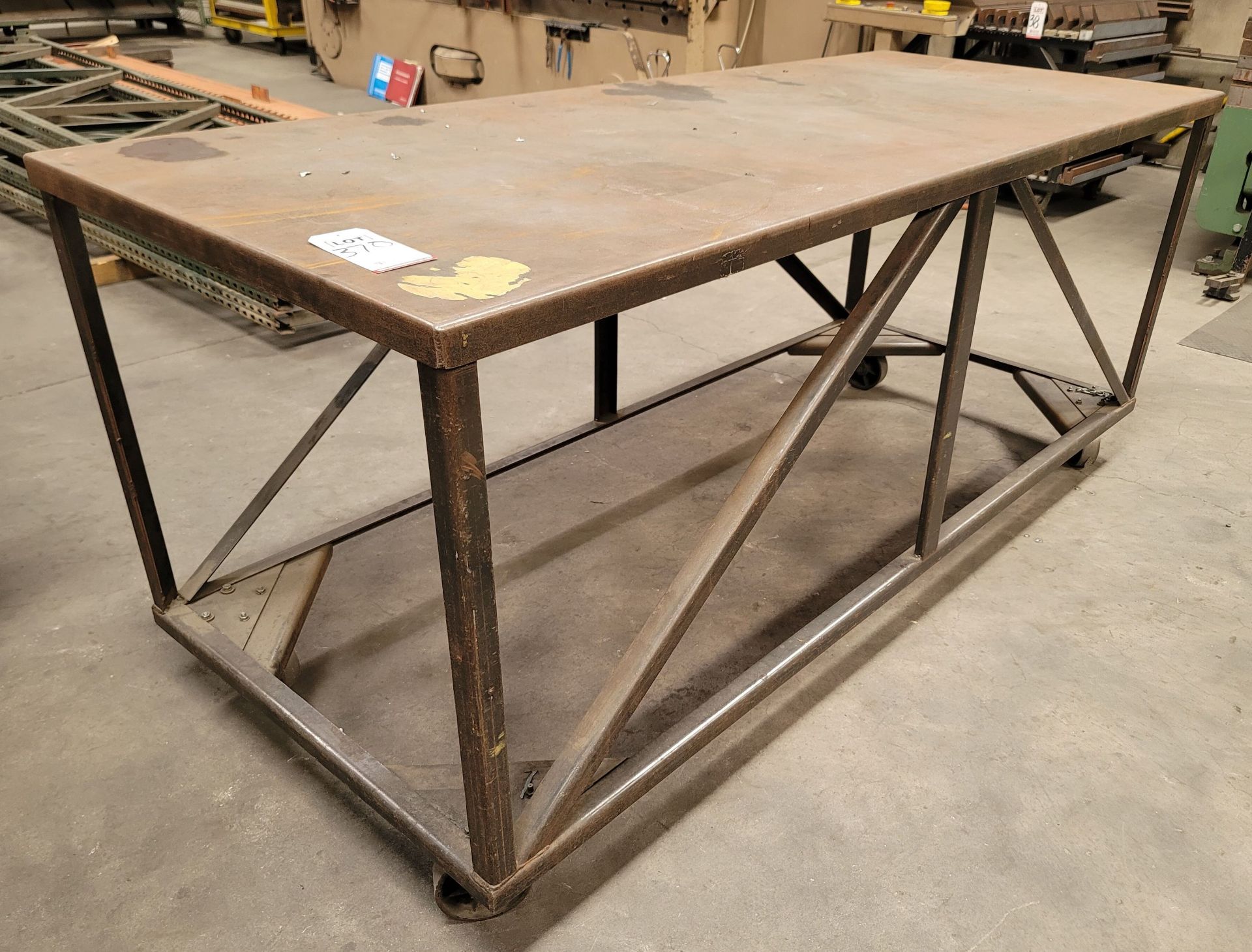 STEEL TABLE ON CASTERS, 8' X 40", 41" HT