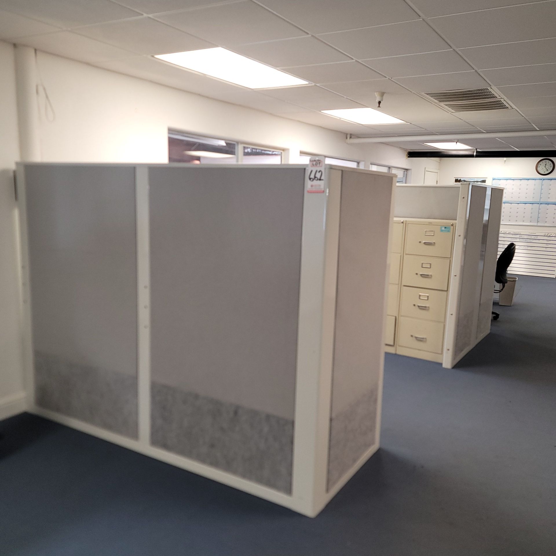 LOT - (2) OFFICE CUBICLES, (2) DESKS, CHAIRS, FILE CABINETS
