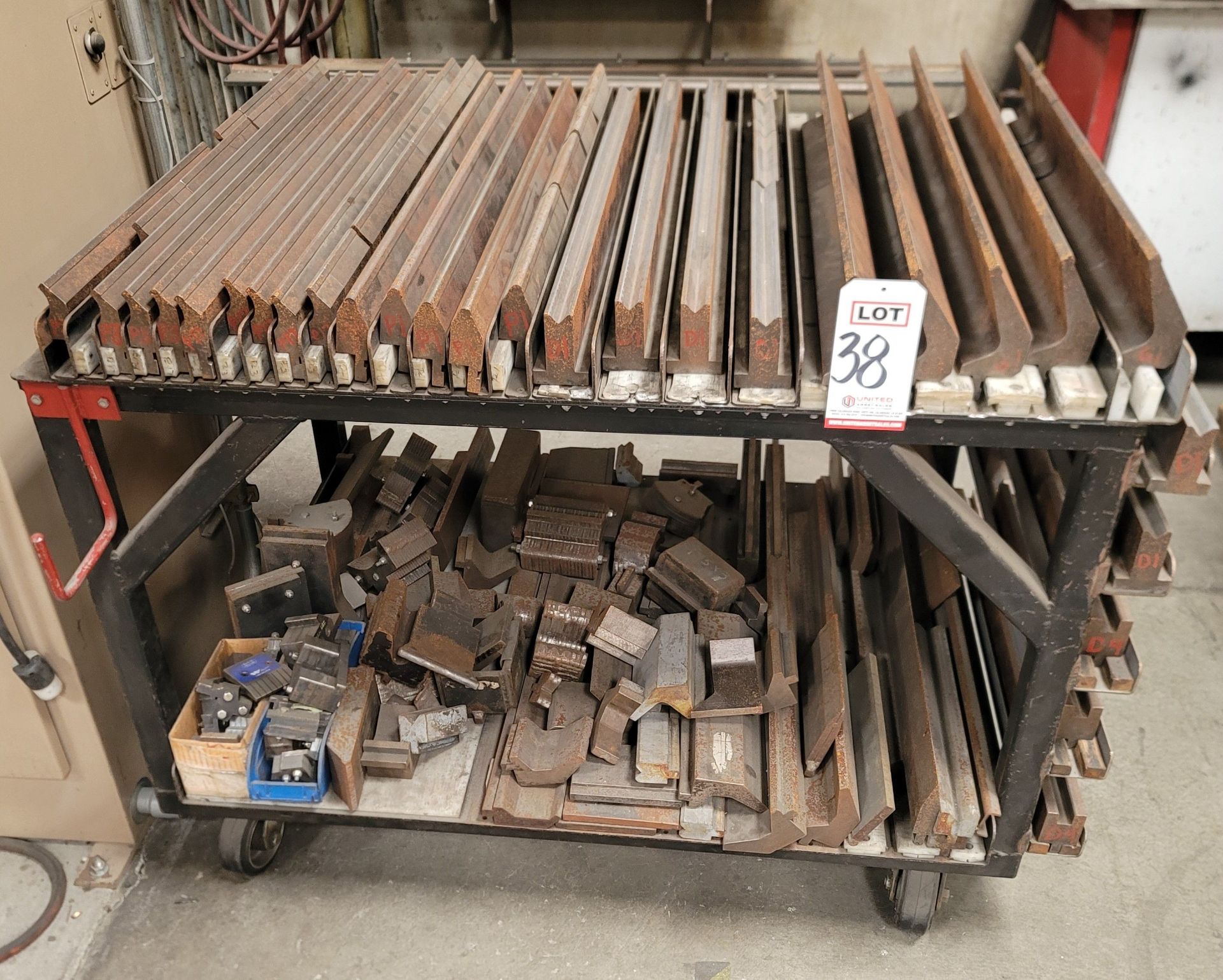 LOT - BRAKE DIES, VARIOUS SIZES UP TO 33" TOP SHELF AND 39" BOTTOM SHELF, W/ 4' X 3' DIE CART