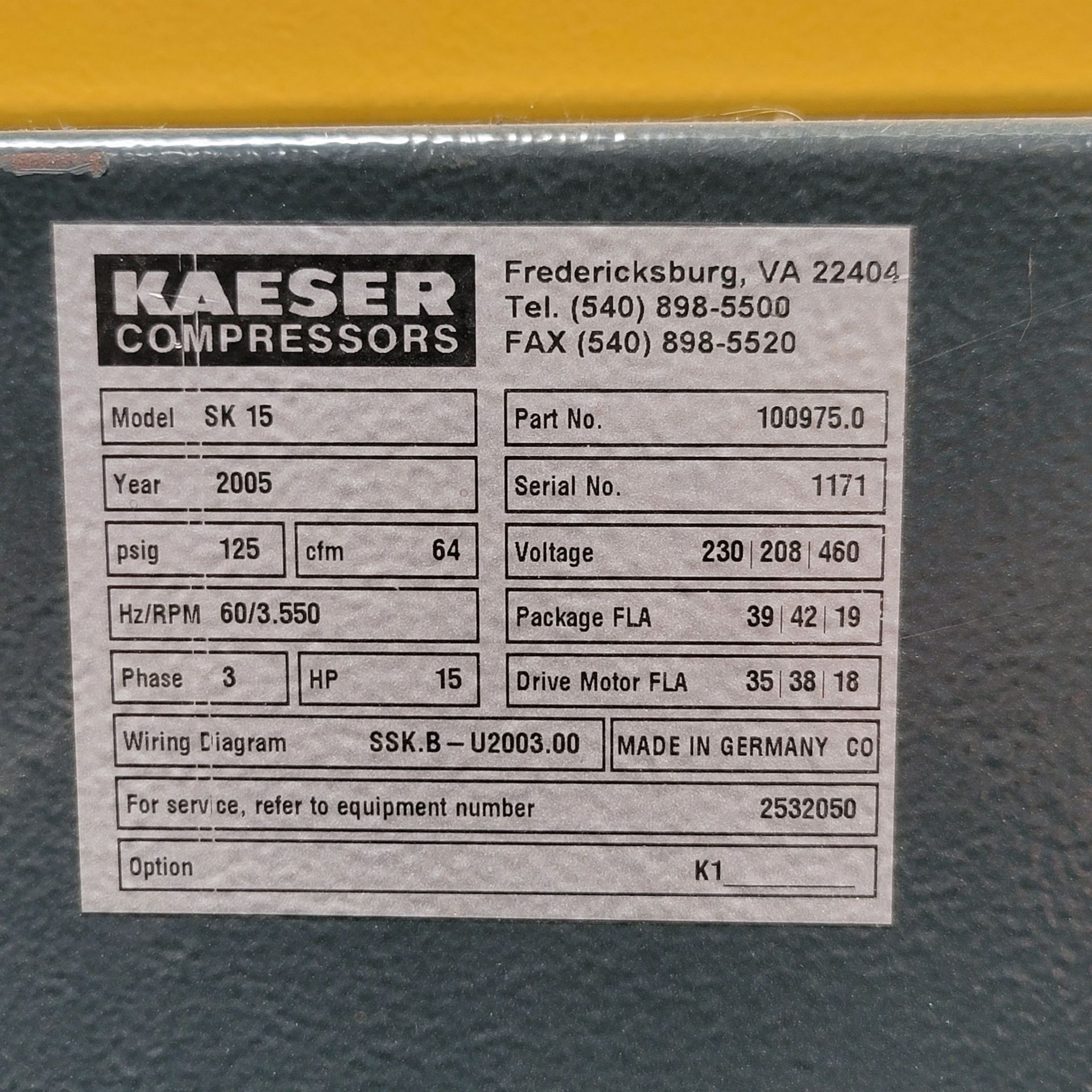 2005 KAESER SK 15 ROTARY SCREW TYPE AIR COMPRESSOR, 15 HP, PART NO. 100975.0, 36,185 HOURS, S/N - Image 4 of 4