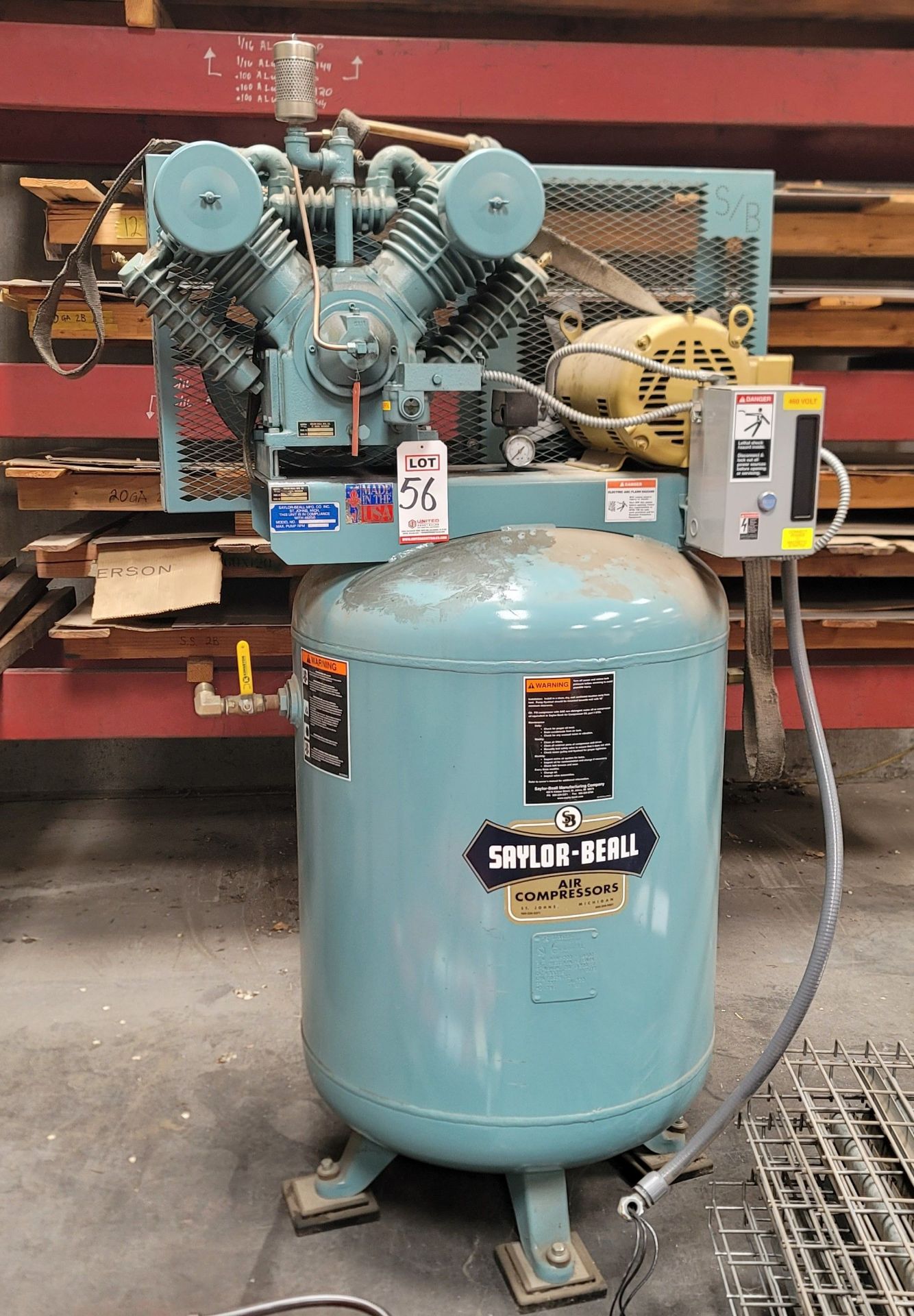 2016 SAYLOR-BEALL TWO-STAGE PISTON AIR COMPRESSOR, MODEL VT-755-120, 10 HP, 120 GALLON VERTICAL