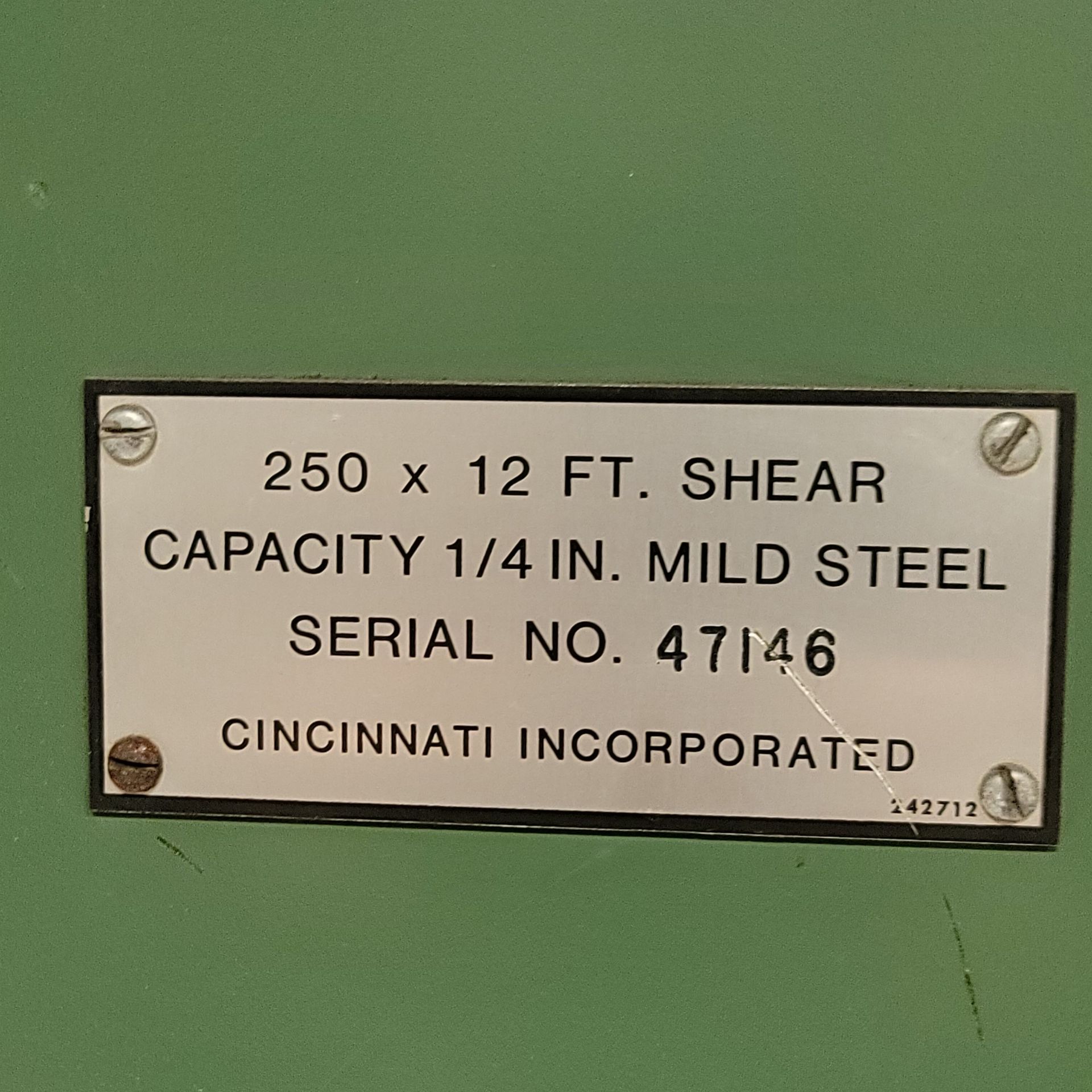 CINCINNATI 250 X 12' SHEAR, HYDRAULIC, CAPACITY: 1/4" MILD STEEL, PROGRAMMABLE POWER BACK GAGE, - Image 13 of 13