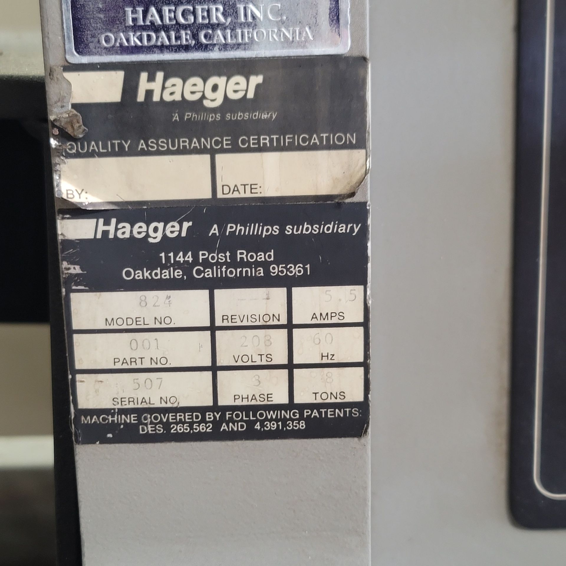 HAEGER 8-TON INSERTION PRESS, MODEL 824, 24" THROAT, HAEGER MODULAR AUTOFEED MODEL AF-MAS, PRESS S/N - Image 15 of 15