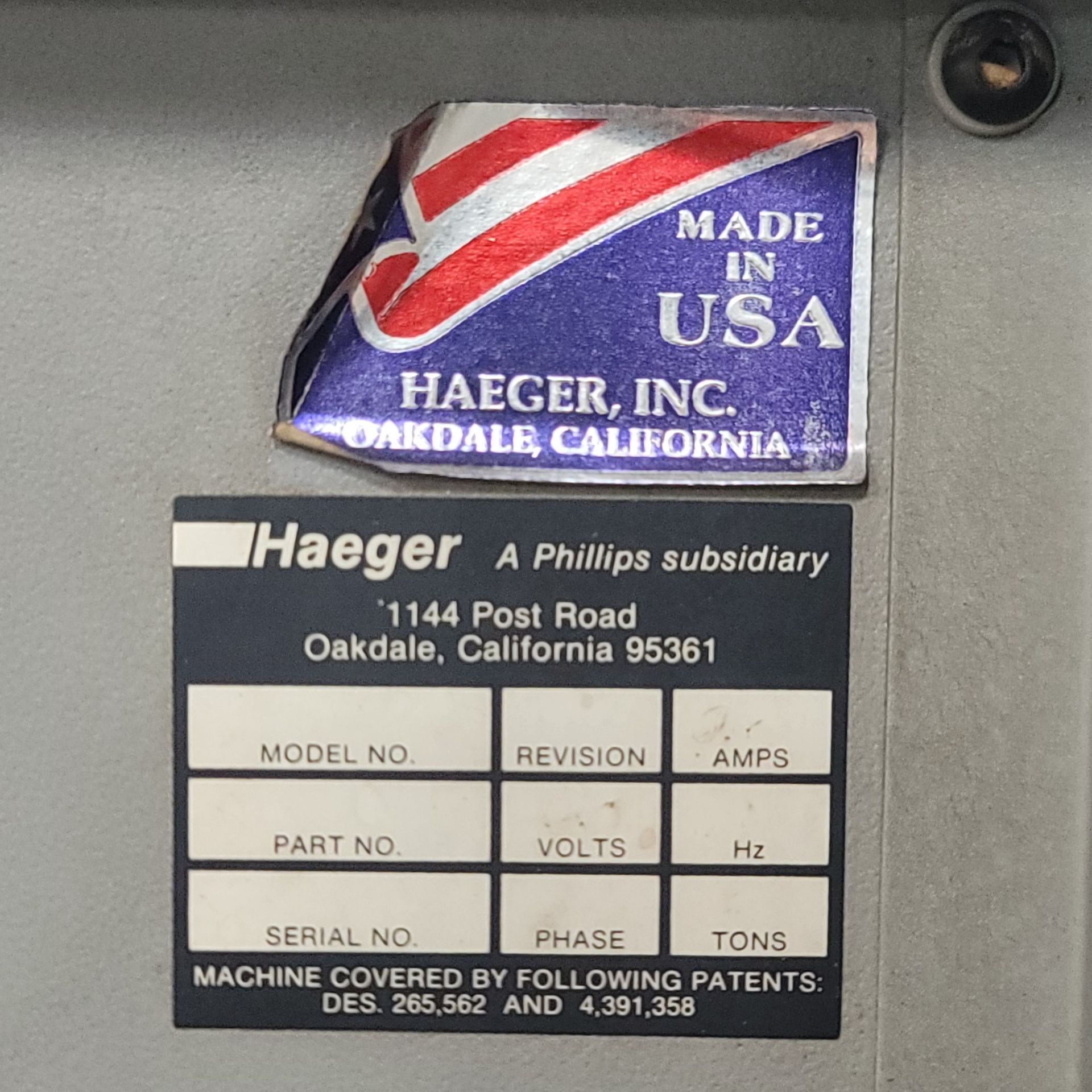 HAEGER 8-TON INSERTION PRESS, MODEL 824, 24" THROAT, HAEGER MODULAR AUTOFEED MODEL AF-MAS, DATA - Image 14 of 14