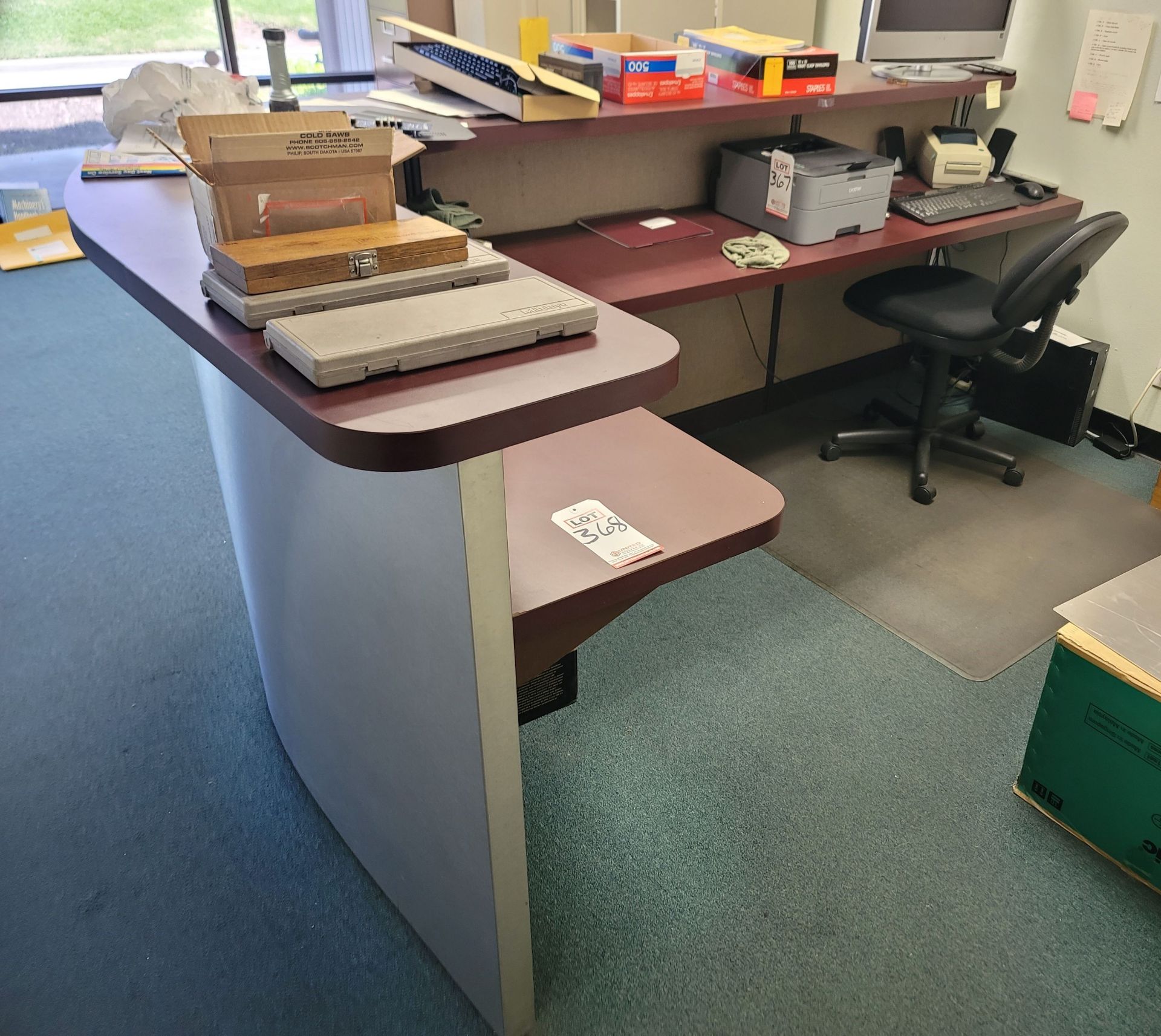 L-SHAPED RECEPTION DESK, 8-1/2' X 5', CONTENTS NOT INCLUDED