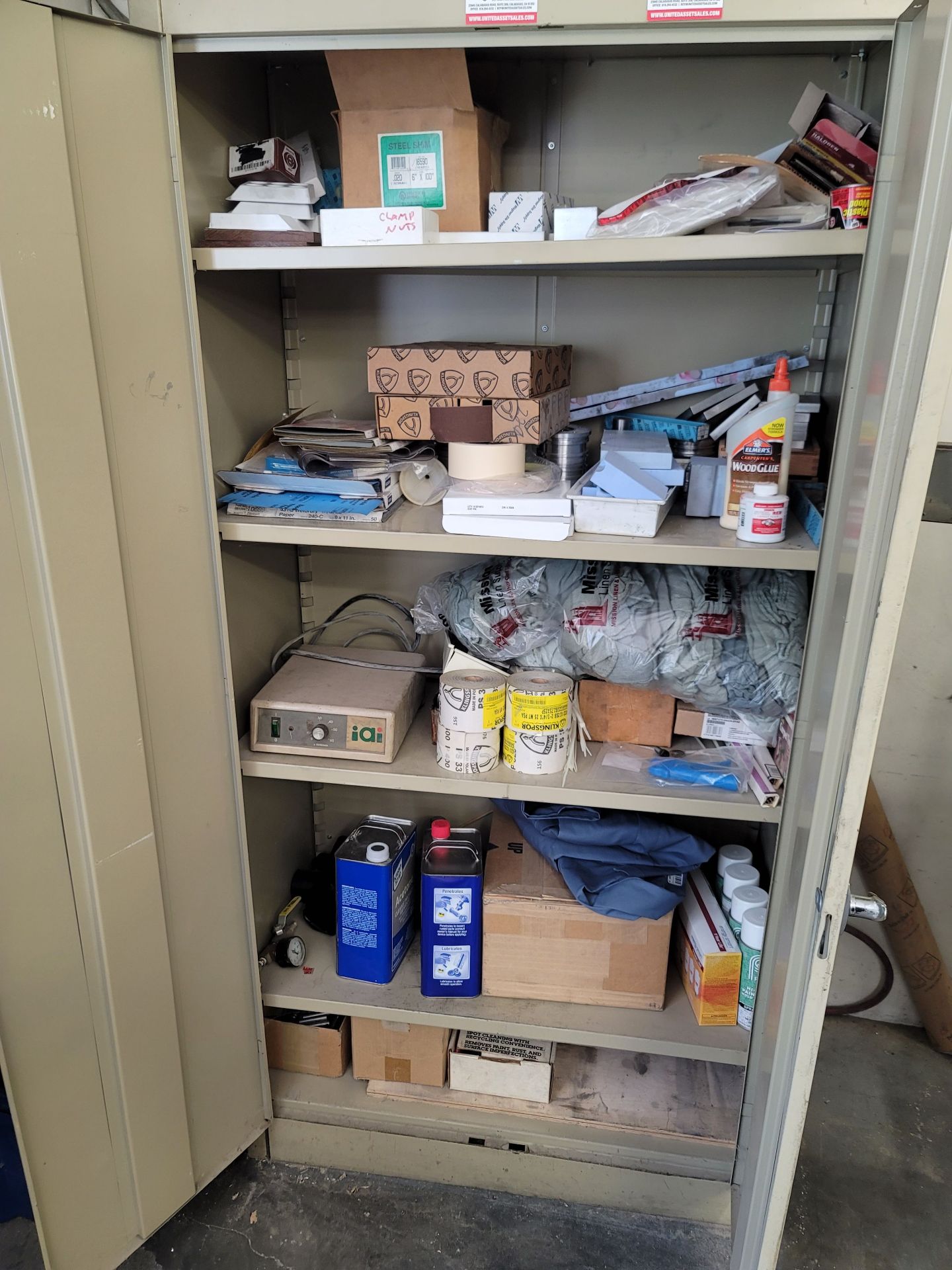 LOT - CONTENTS ONLY OF CABINET, TO INCLUDE: SAND PAPER, TAPE, MOLD PREP, SHOP RAGS, ACETONE, SCRAP