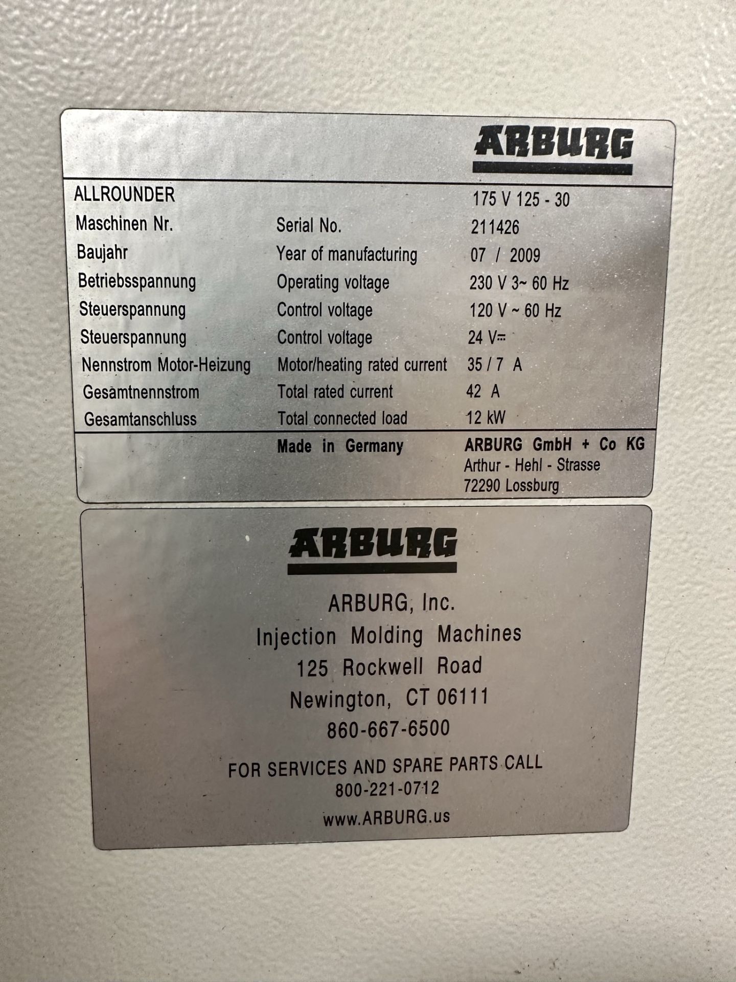 2009 ARBURG 175V 125-30 VERTICAL PLASTIC INJECTION MOLDER, 14-TON, 0.49 OZ SHOT SIZE, 18 MM SCREW - Image 13 of 13