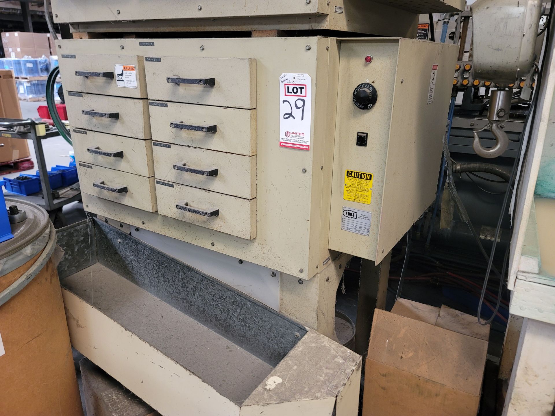 IMS DR-350 MATERIAL DRYING OVEN, 8-DRAWER, BENCH TYPE, 11" X 25", 350° TEMP, S/N 446900