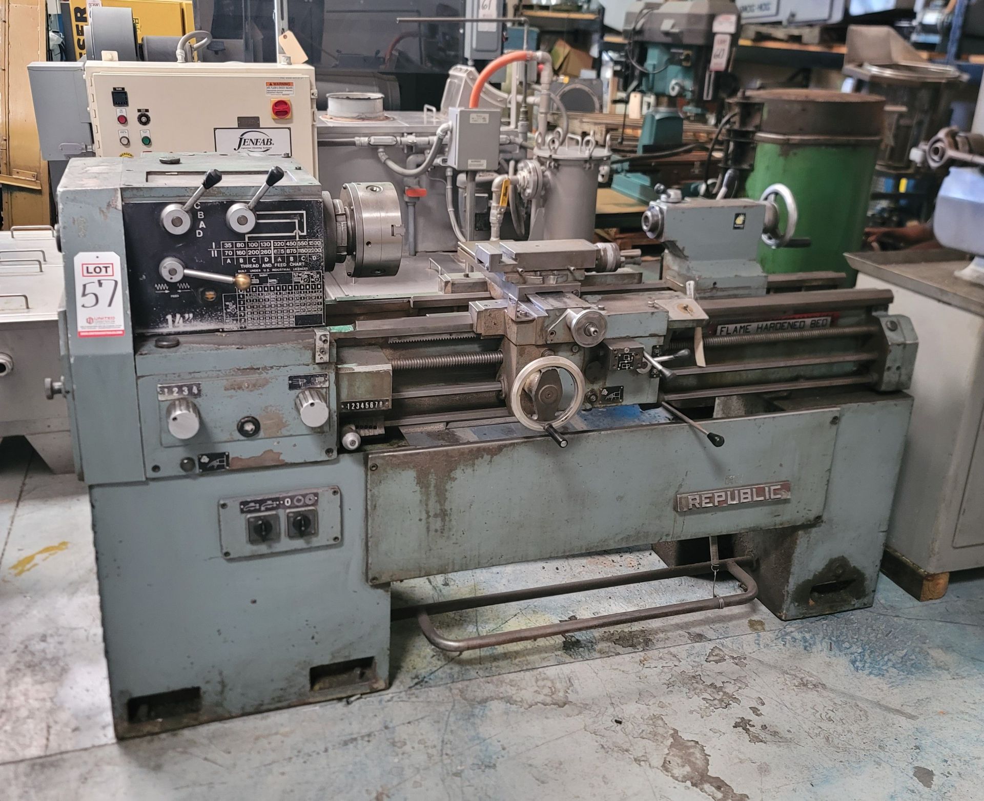 REPUBLIC 14" X 40" PRECISION ENGINE LATHE, 8" 3-JAW BUCK CHUCK, TAILSTOCK, S/N 79-1602, (LOCATION: