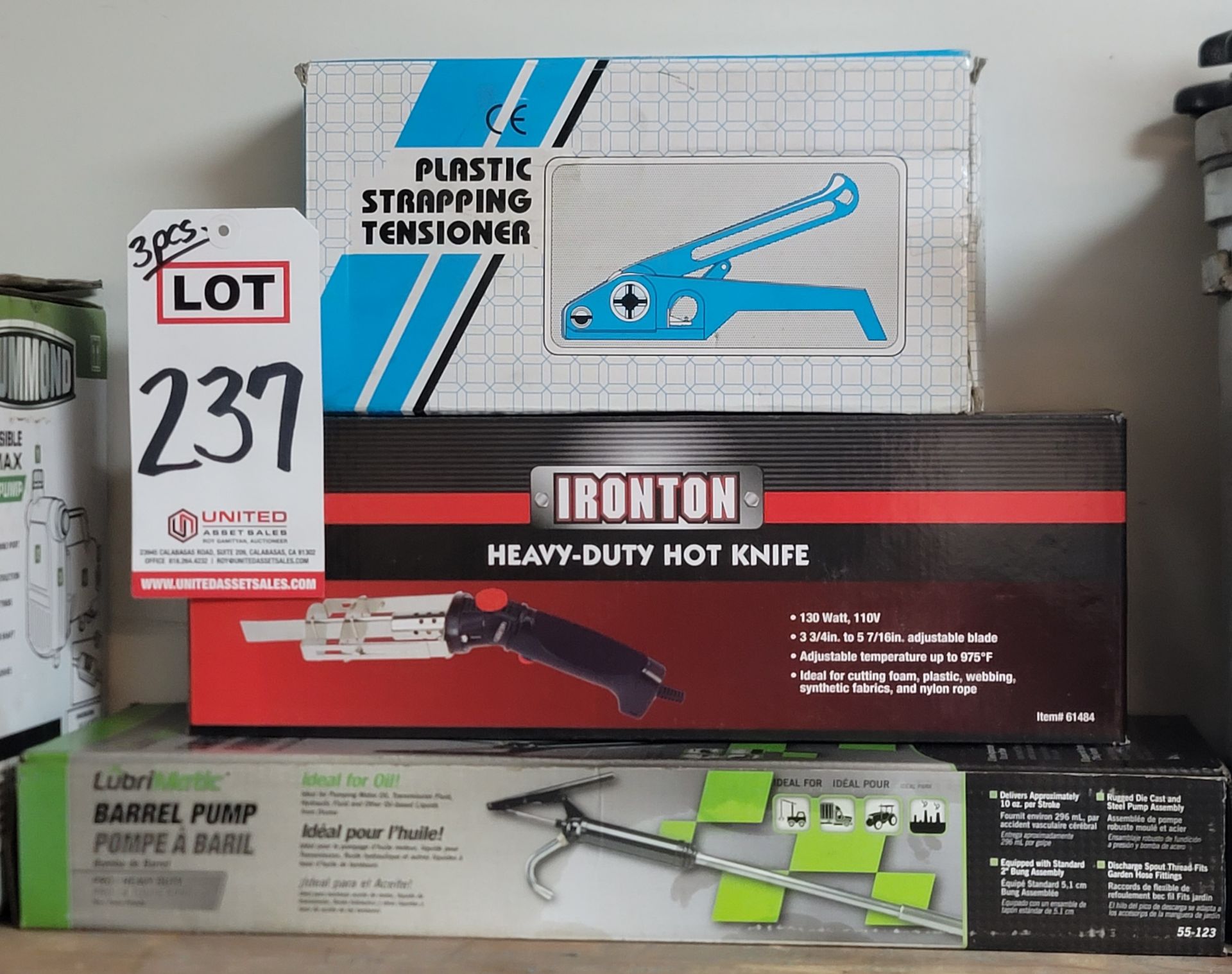 LOT - (1) LUBIMATIC BARREL PUMP, (1) IRONTON HEAVY DUTY HOT KNIFE, (1) PLASTIC STRAPPING TENSIONER