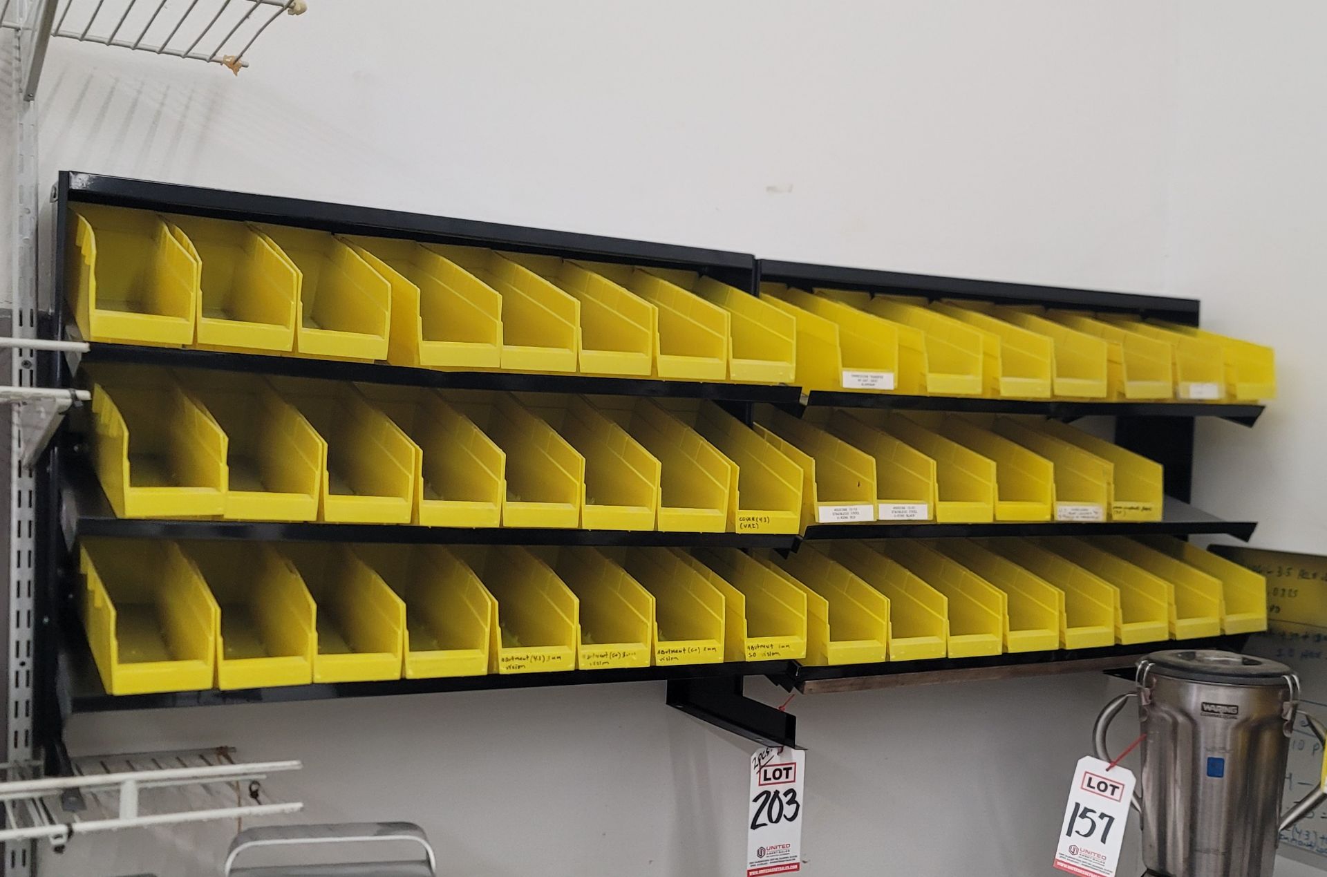 LOT - (2) WALL SHELF UNITS W/ 3-1/2" X 11" PARTS BINS, EMPTY, EACH SHELF IS 31-1/2"W X 10-1/2"D X