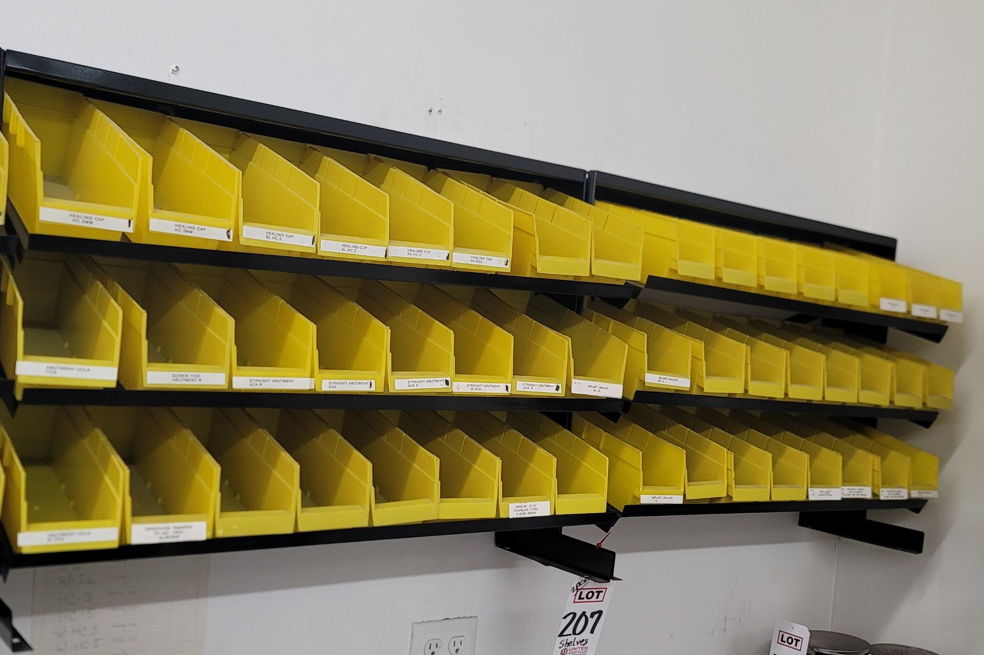 LOT - (2) WALL SHELF UNITS W/ 3-1/2" X 11" PARTS BINS, EMPTY, EACH SHELF IS 31-1/2"W X 10-1/2"D X