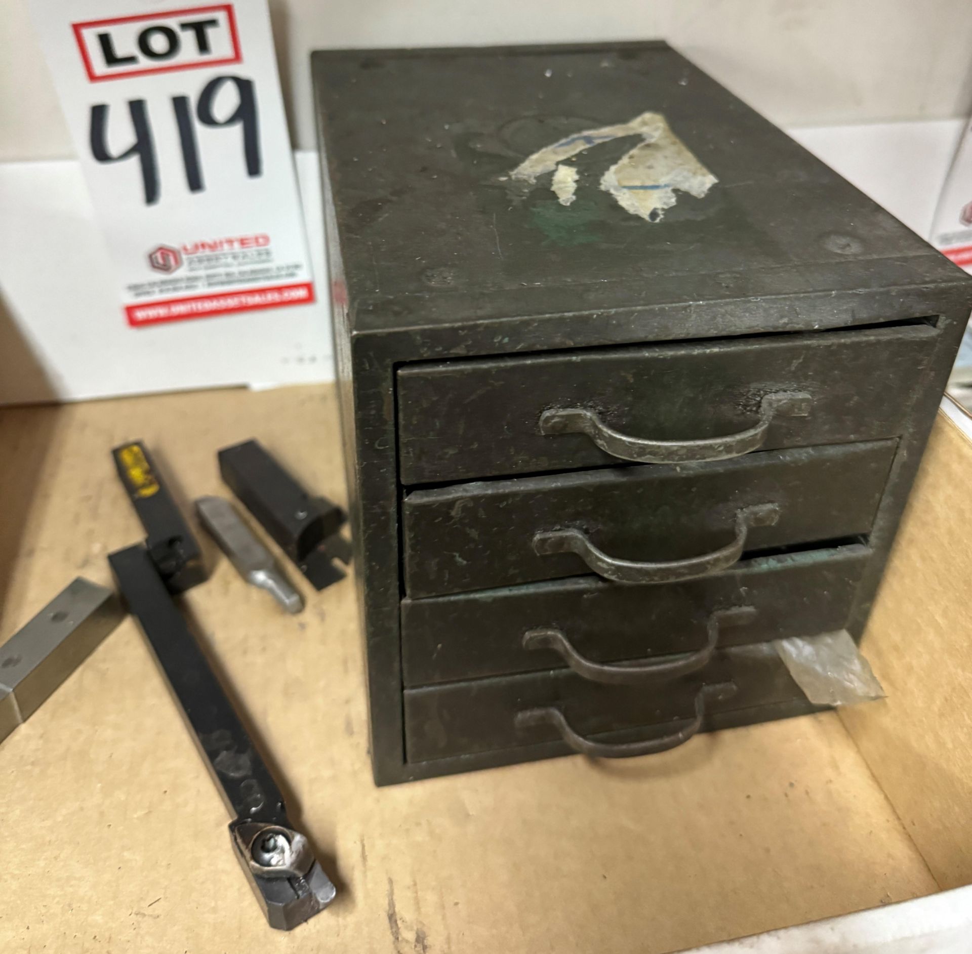 LOT - LATHE TOOLING AND (1) 4-DRAWER SMALL CABINET