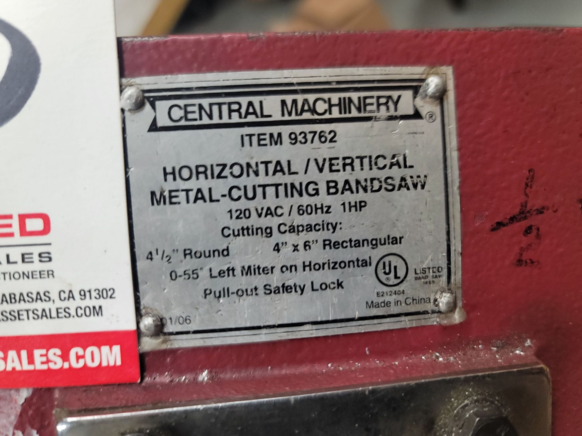 CENTRAL MACHINERY HORIZONTAL/VERTICAL METAL-CUTTING BAND SAW, ITEM NO. 93762 - Image 3 of 3