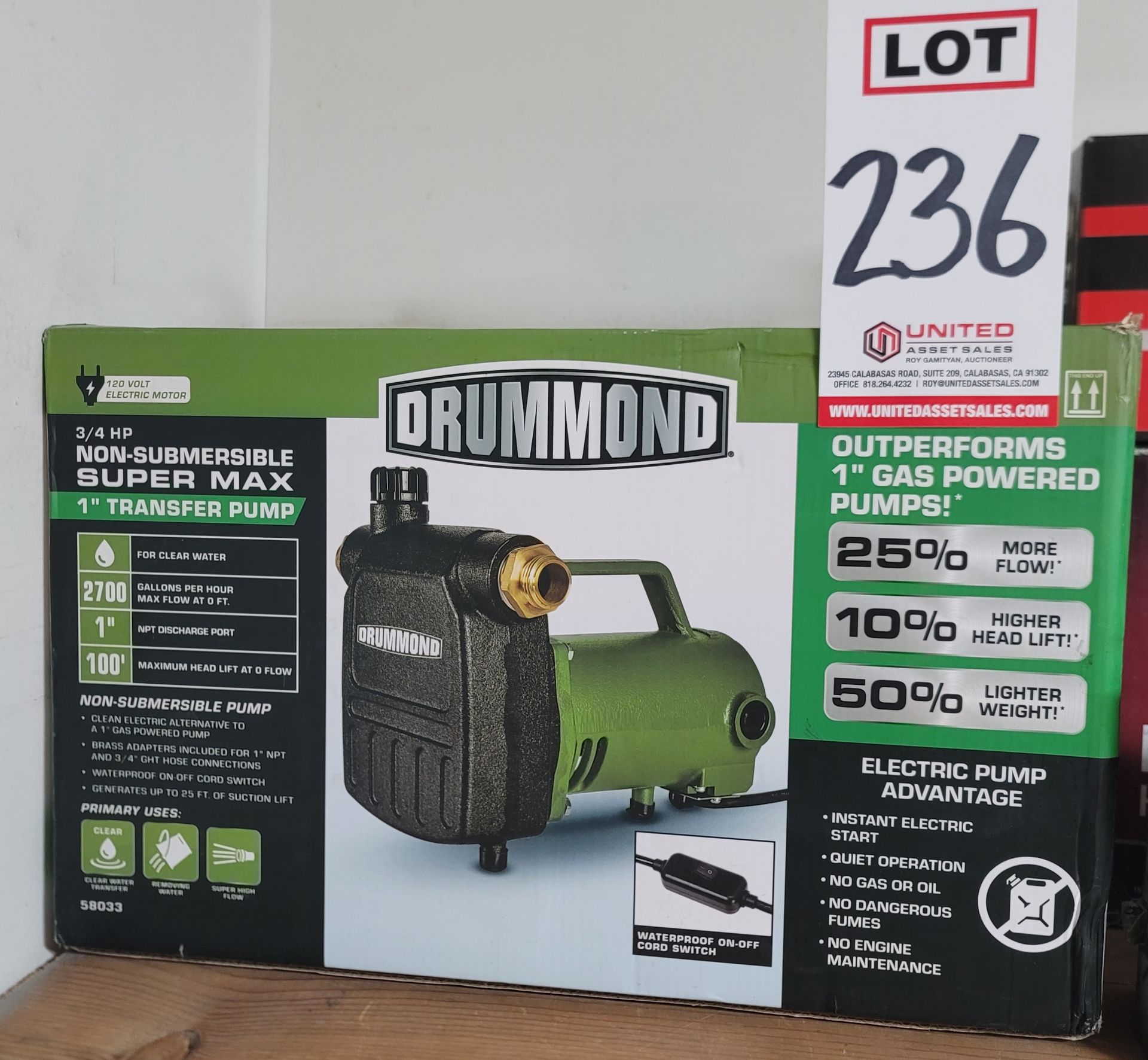 DRUMMOND 3/4 HP TRANSFER PUMP, 2500 GPH, NEW