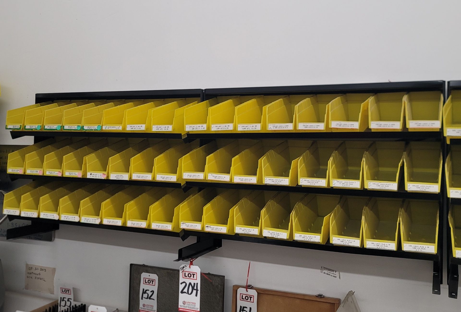 LOT - (2) WALL SHELF UNITS W/ 3-1/2" X 11" PARTS BINS, EMPTY, EACH SHELF IS 31-1/2"W X 10-1/2"D X