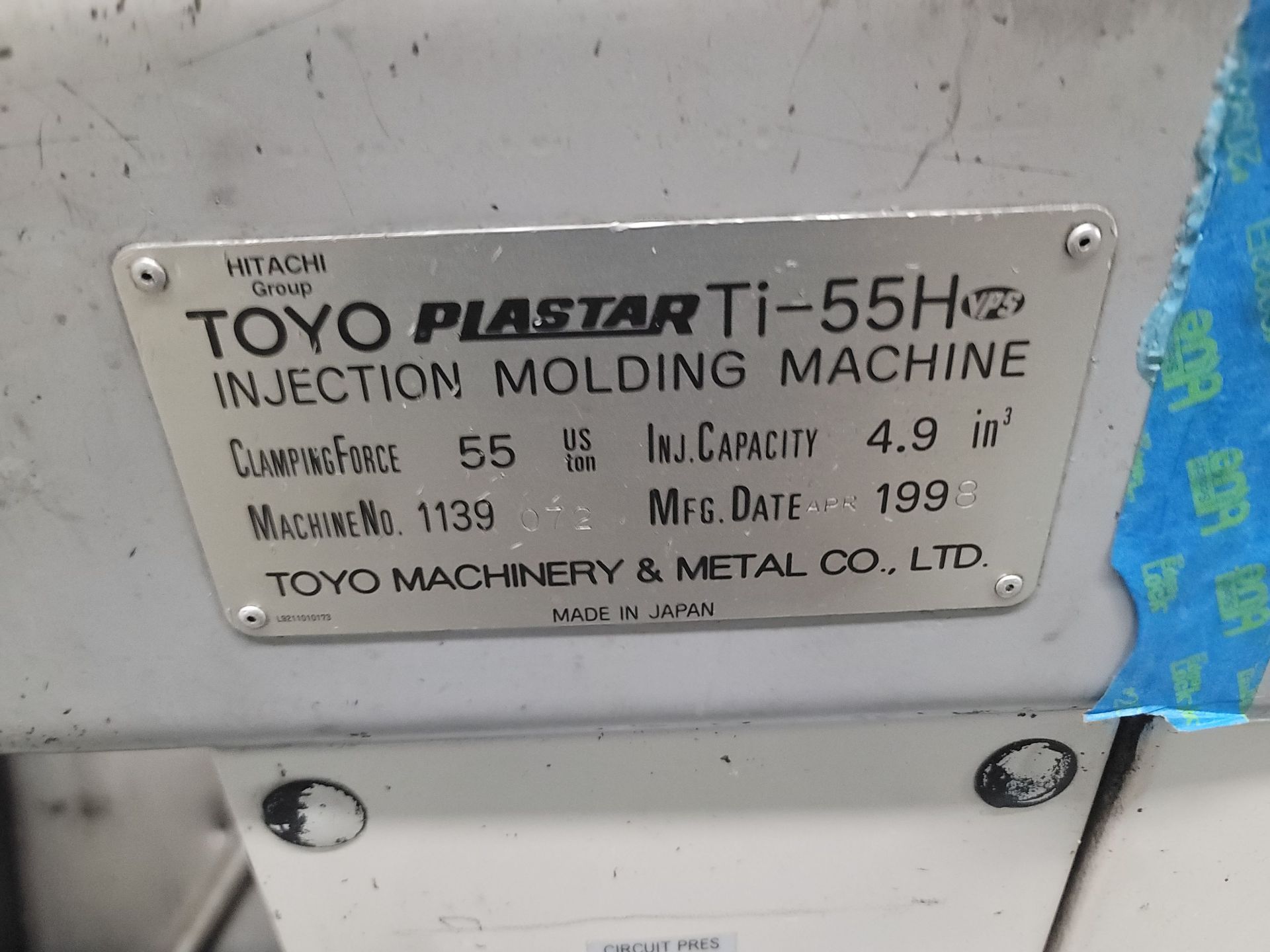 TOYO PLASTAR Ti-55H PLASTIC INJECTION MOLDING MACHINE, 55 TON CAPACITY, 2.7 OZ SHOT SIZE, 18" X - Image 7 of 7
