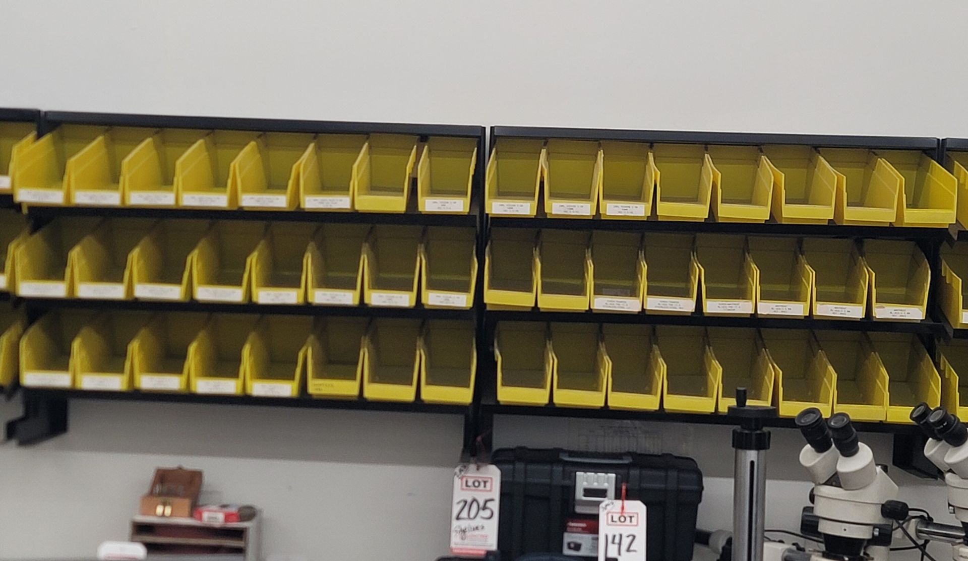 LOT - (2) WALL SHELF UNITS W/ 3-1/2" X 11" PARTS BINS, EMPTY, EACH SHELF IS 31-1/2"W X 10-1/2"D X