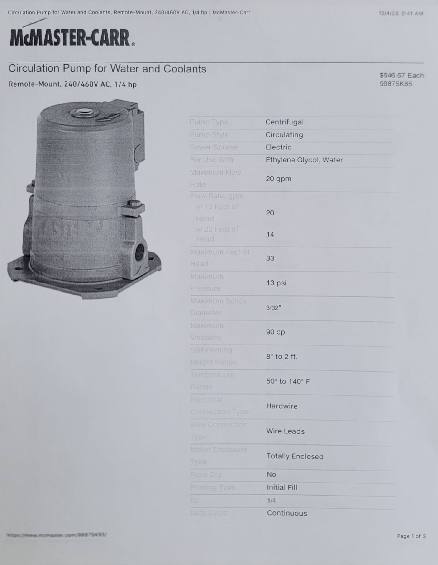 1/4 HP CIRCULATION PUMP FOR WATER AND COOLANTS, REMOTE MOUNT, 240/260 VAC, 20 GPM MAX FLOW RATE, - Image 3 of 5