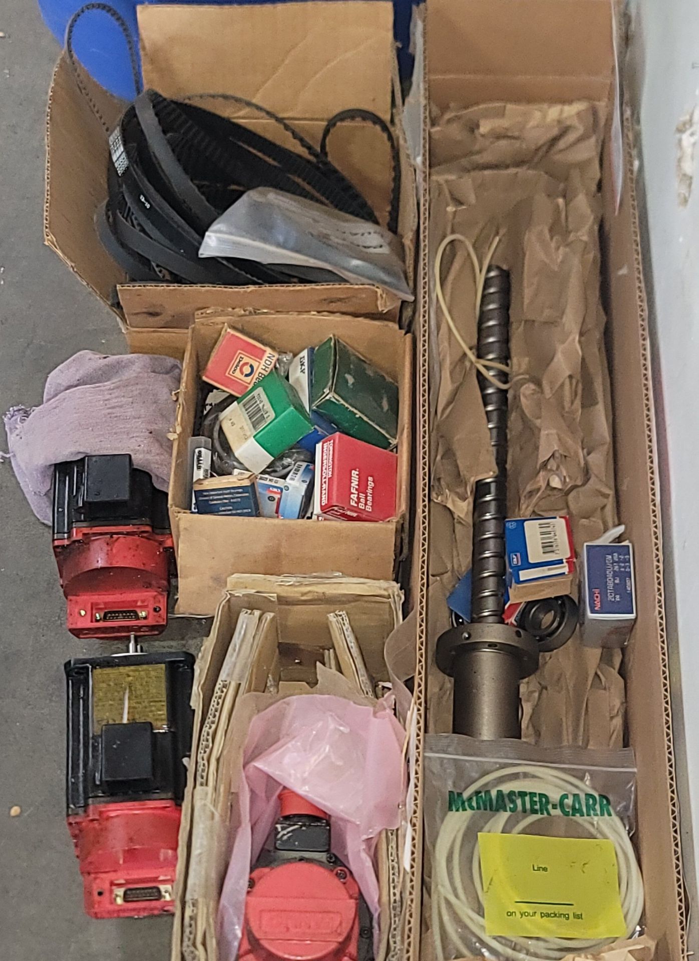 LOT - MISC. SHOP ITEMS: MACHINE BEARINGS, DRIVE BELTS, USED SERVO MOTORS, WORM GEAR DRIVE SHAFT - Image 2 of 2