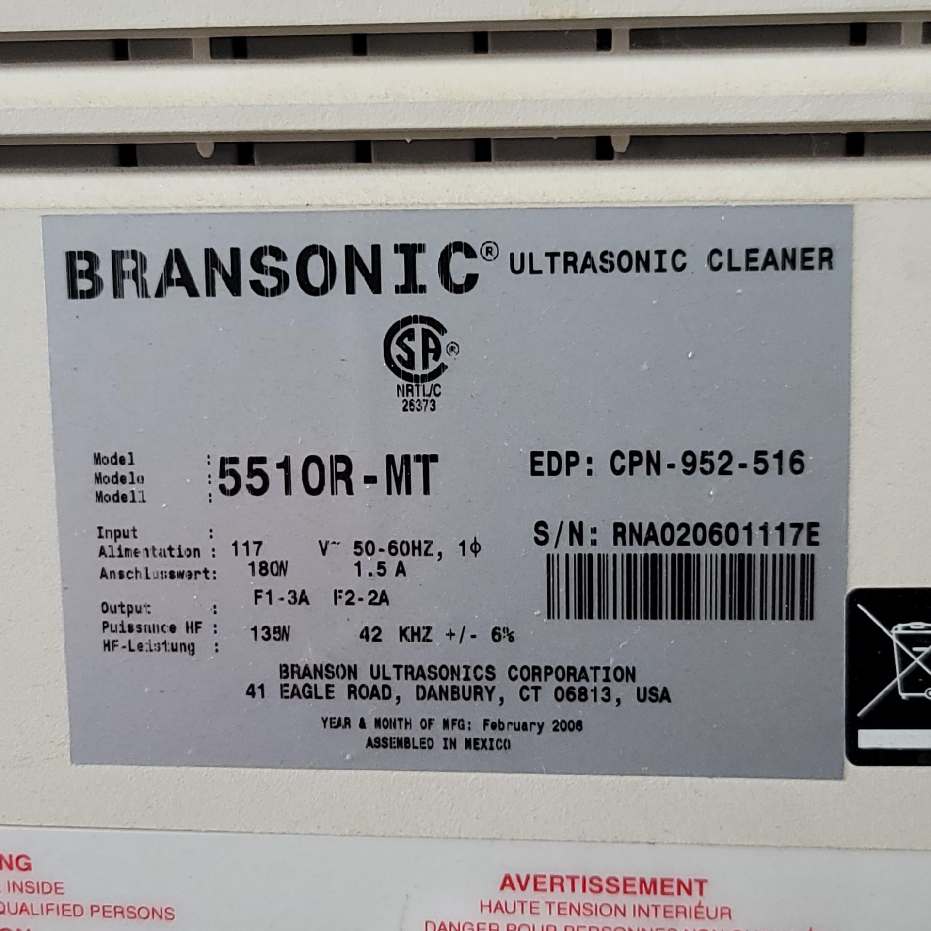 BRANSON 5510 ULTRASONIC CLEANER, MODEL 5510R-MT, S/N RNA020601117E - Image 2 of 2