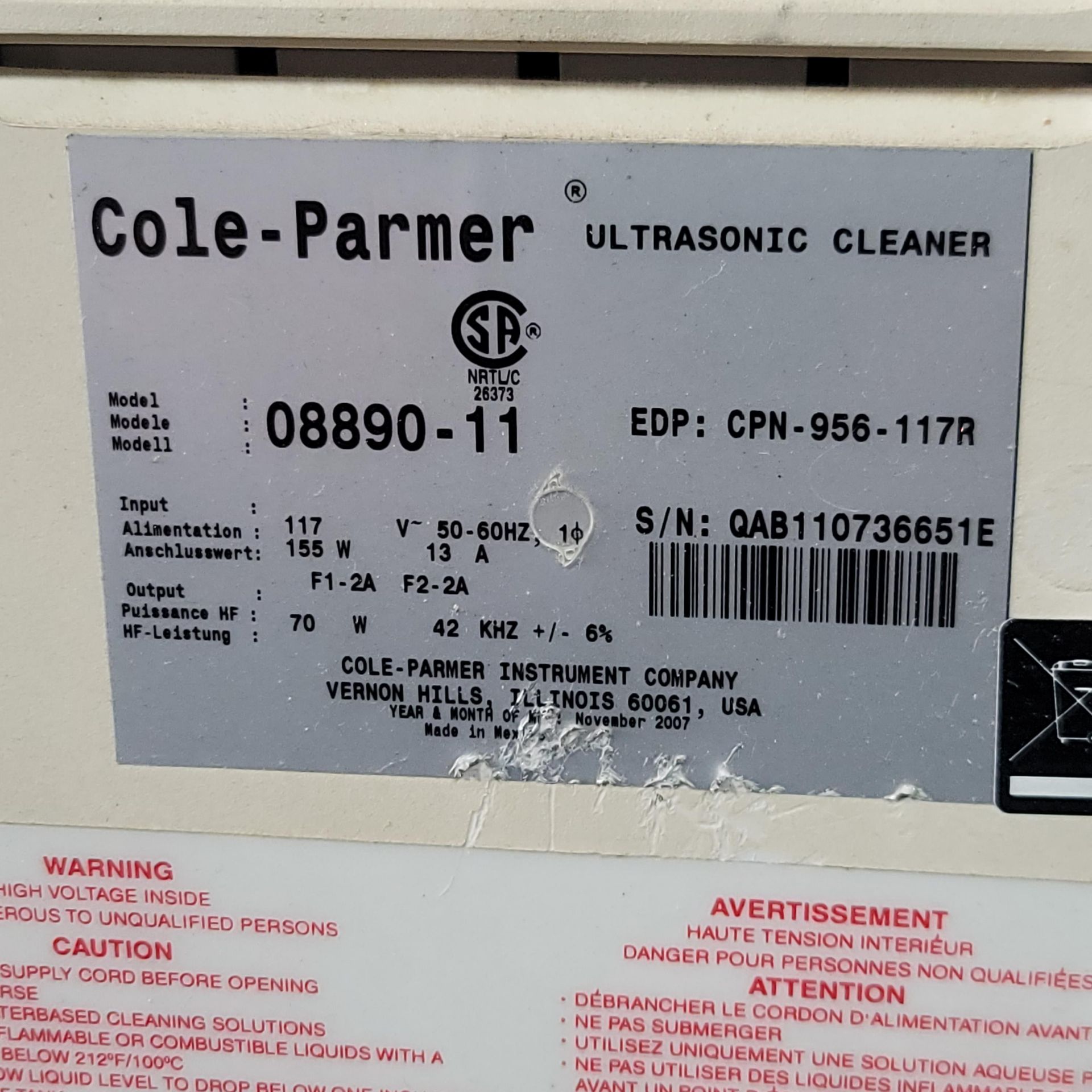 COLE-PARMER ULTRASONIC CLEANER, MODEL 08890-11, S/N QAB110736651E - Image 2 of 2