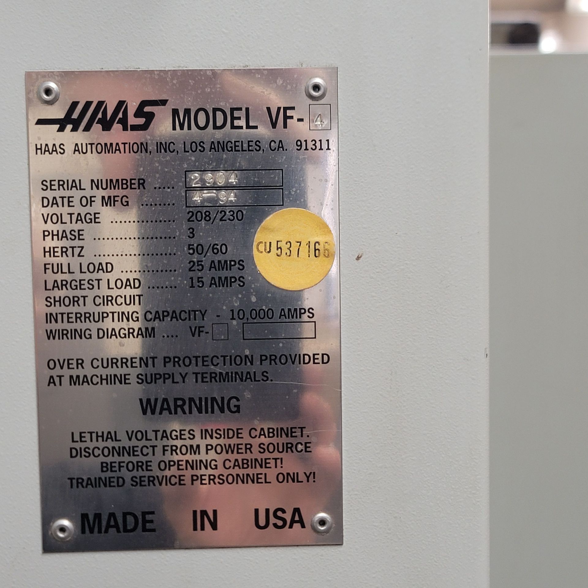 1994 HAAS VF-4 VERTICAL MACHINING CENTER, HAAS CNC CONTROL, XYZ TRAVELS: 50" X 20" X 25", 52" X - Image 14 of 14
