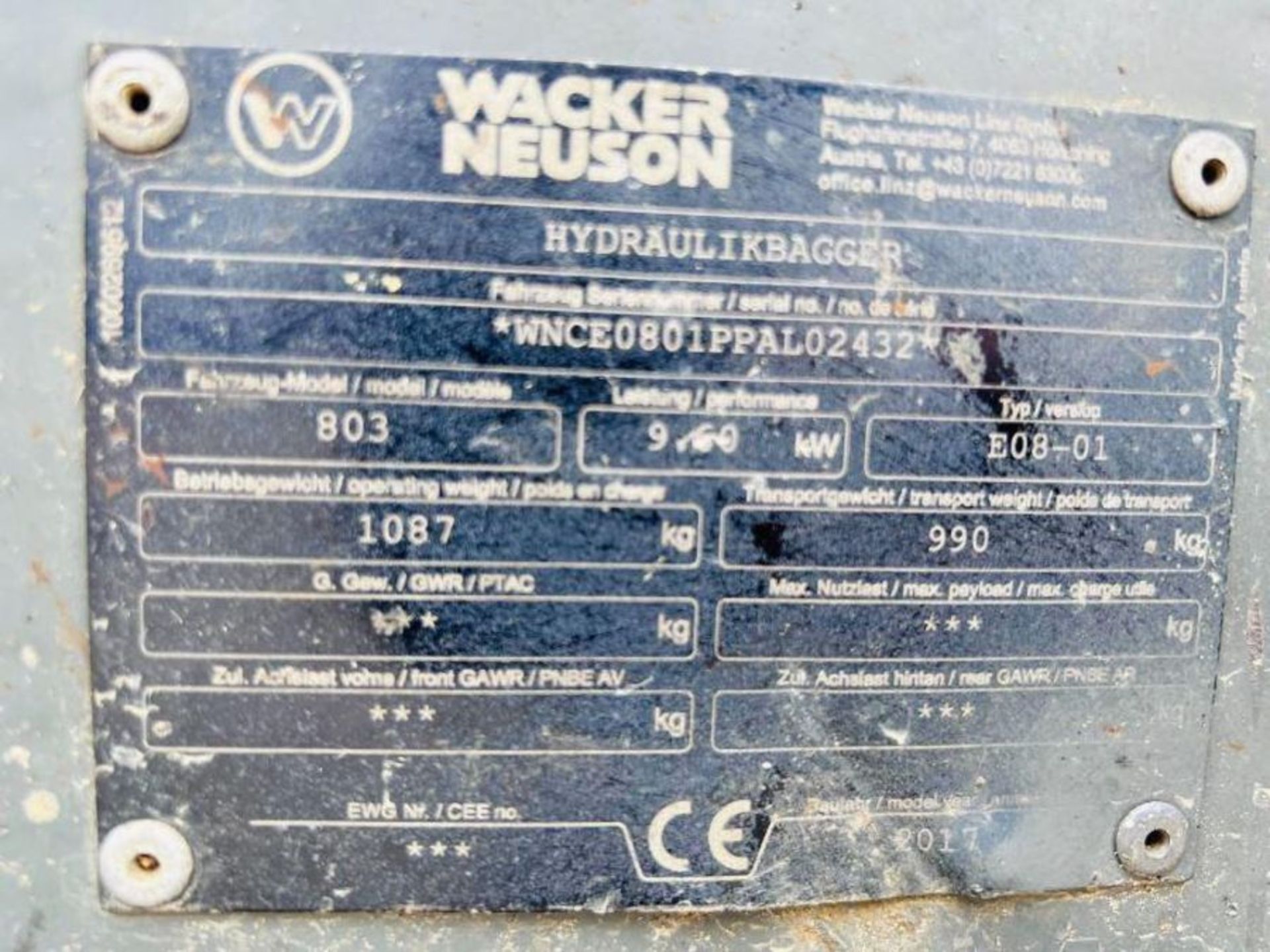 WACKER NEUSON 803 EXCAVATOR *YEAR 2017 , 2838 HOURS* C/W ROLE BAR - Image 12 of 13