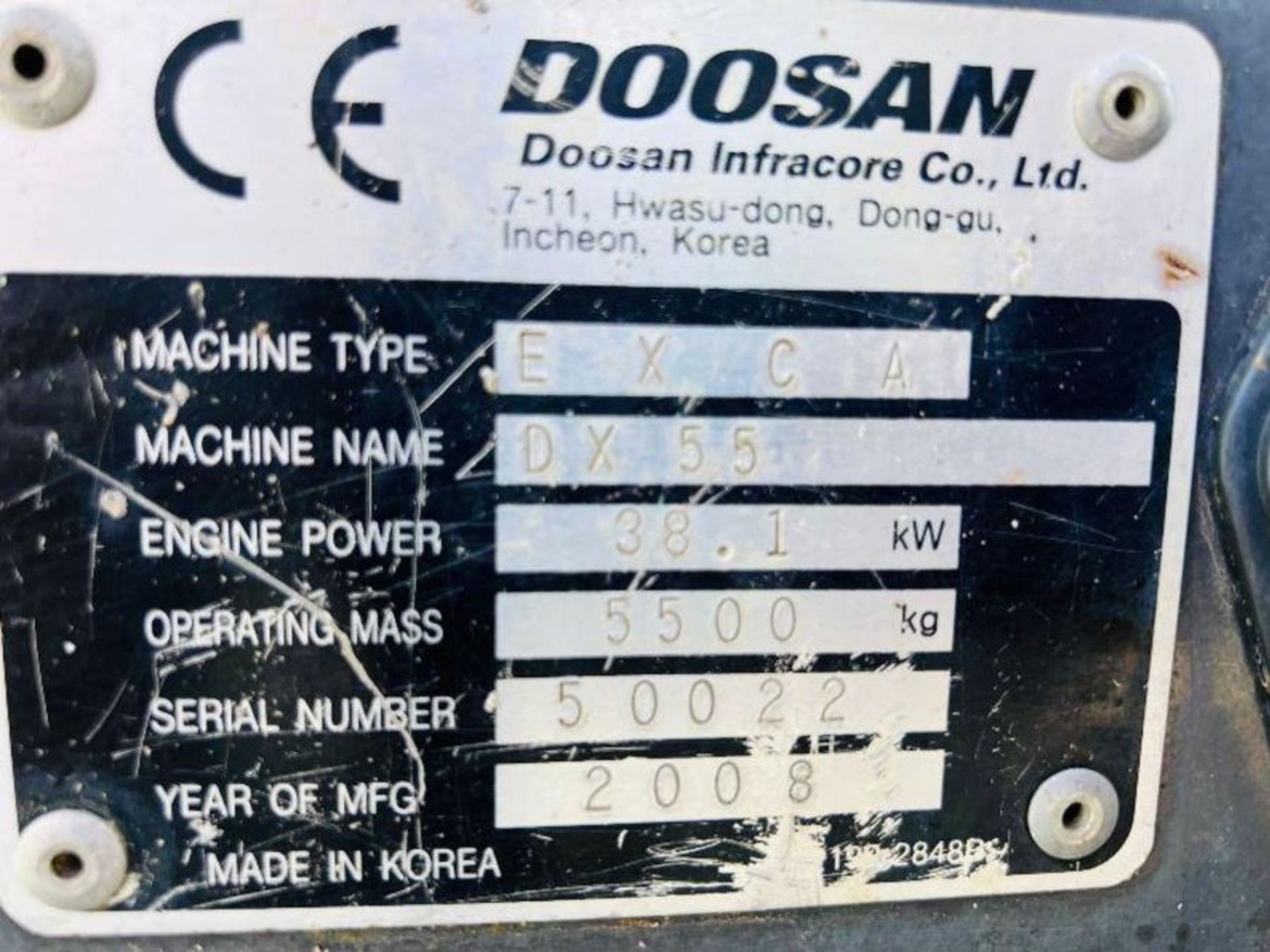 DOOSAN DX55 TRACKED EXCAVATOR *YEAR 2008* C/W RUBBER TRACKS & 2 X BUCKETS - Image 10 of 15