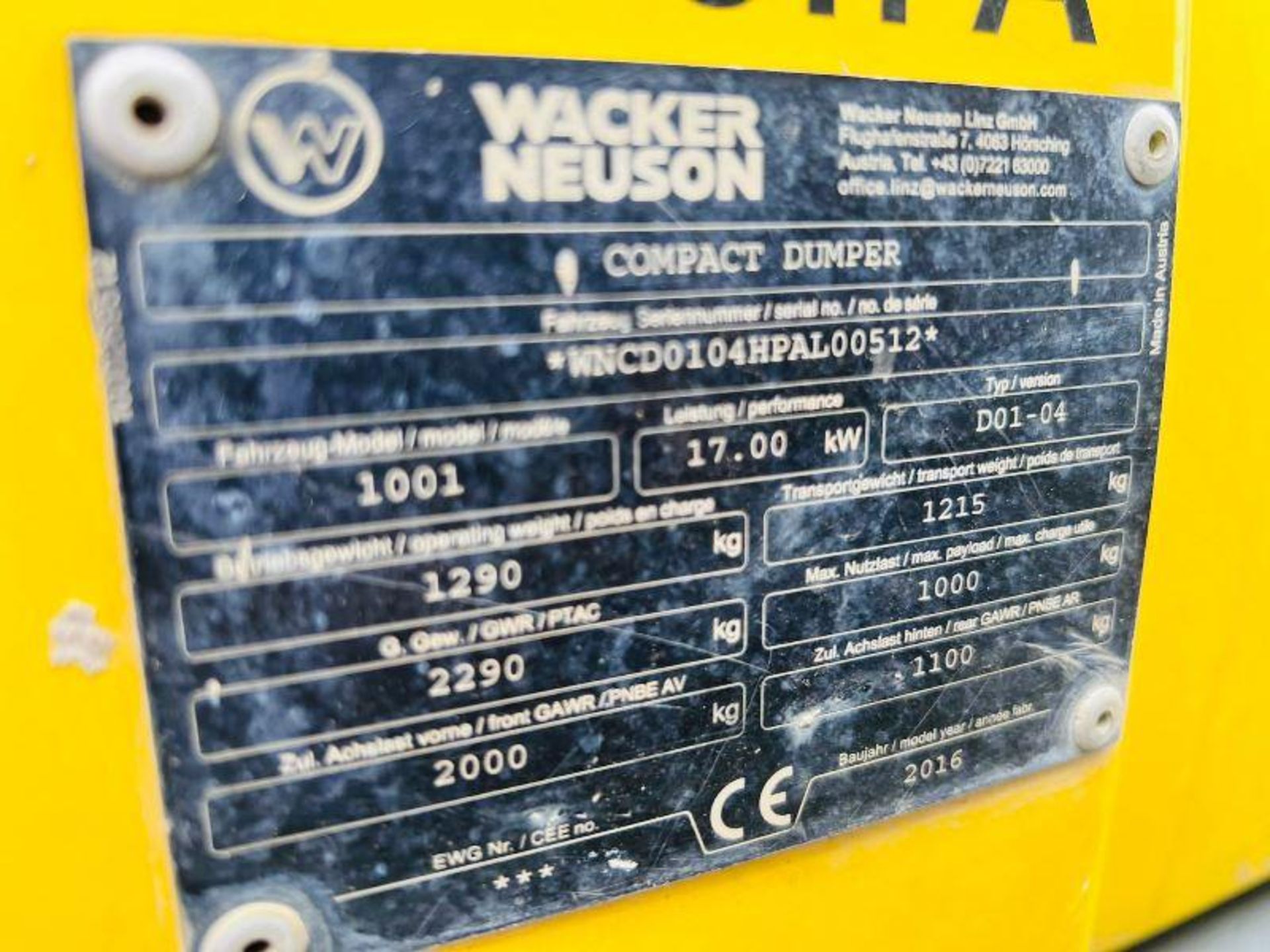 WACKER NEUSON 1001 HIGH TIP DUMPER *YEAR 2016, 1137HOURS* C/W ROLE BAR - Bild 9 aus 14