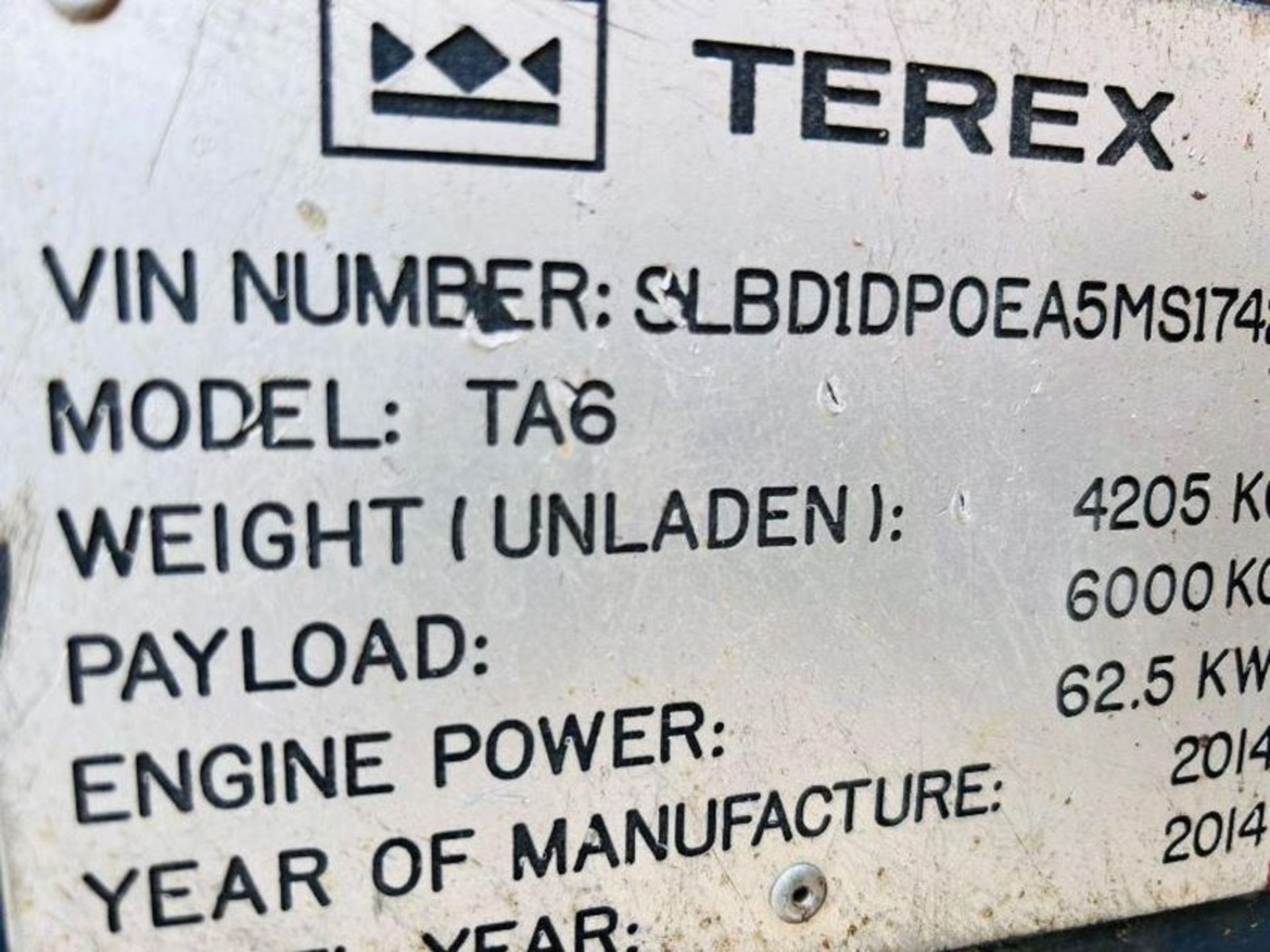 TEREX TA6 4WD DUMPER * YEAR 2014, 1499 HOURS* C/W ROLE BAR - Image 2 of 17