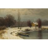 August Splitgerber: Winterlandschaft mit Nachen im Wasser