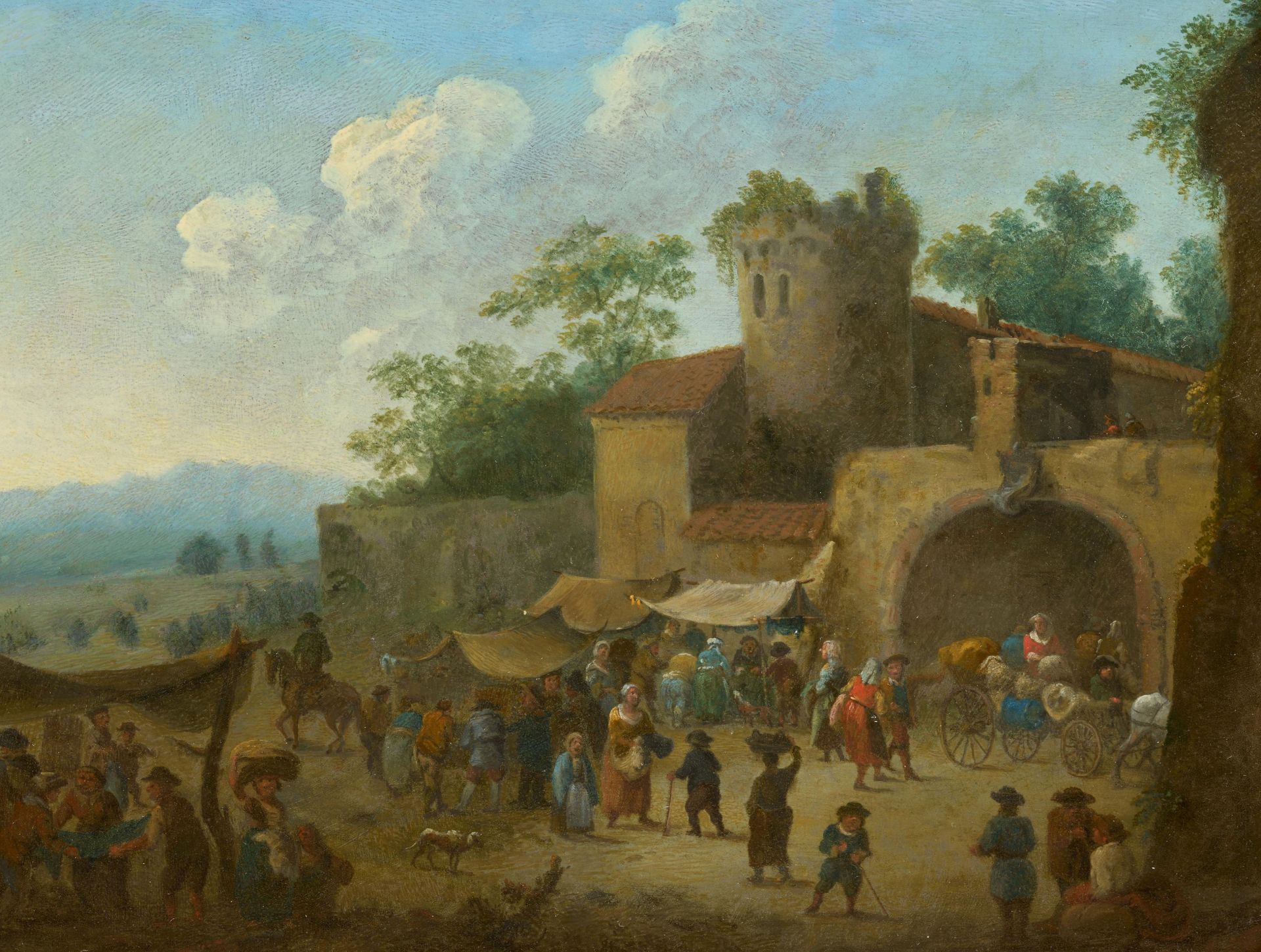 In der Art des Theobald Michau: Marktszene vor den Toren einer Burg