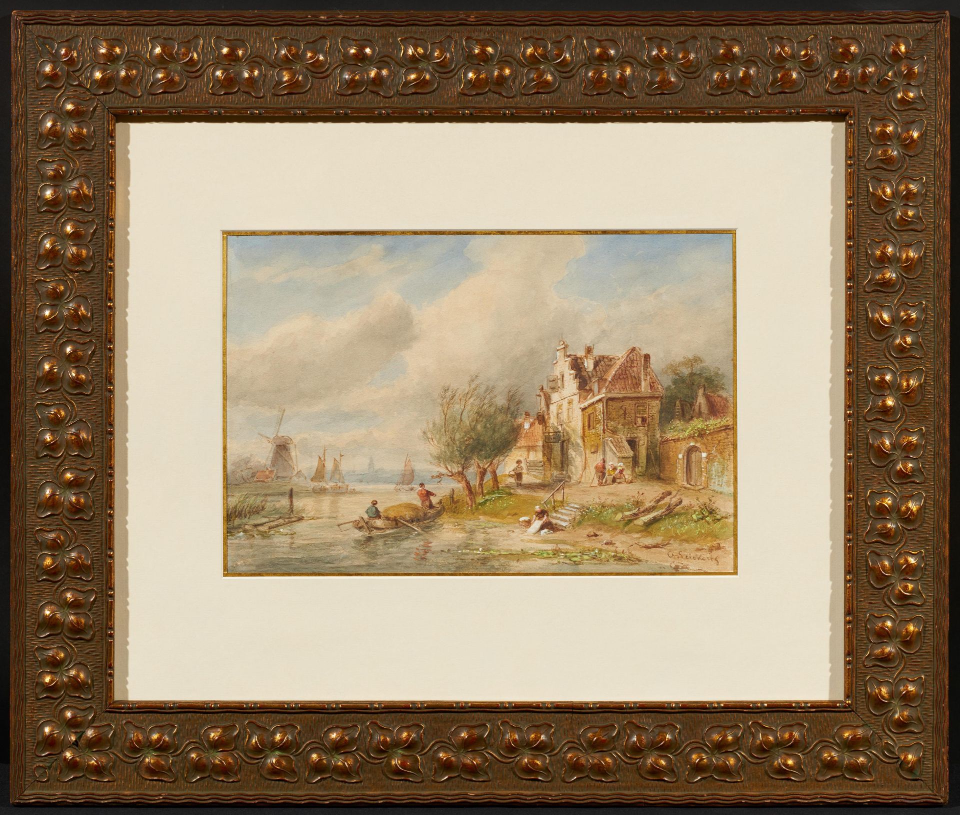 Charles Leickert: Dutch Canal Landscape with Washerwomen at the Bank - Image 2 of 4