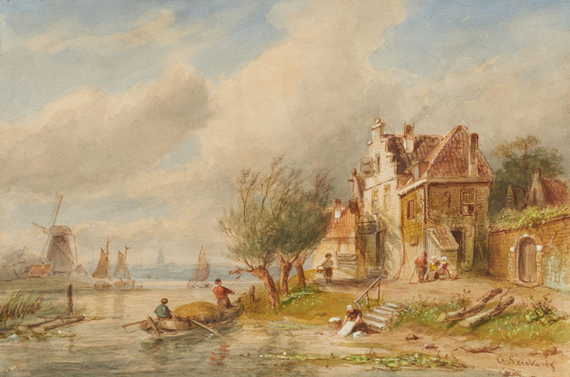Charles Leickert: Dutch Canal Landscape with Washerwomen at the Bank