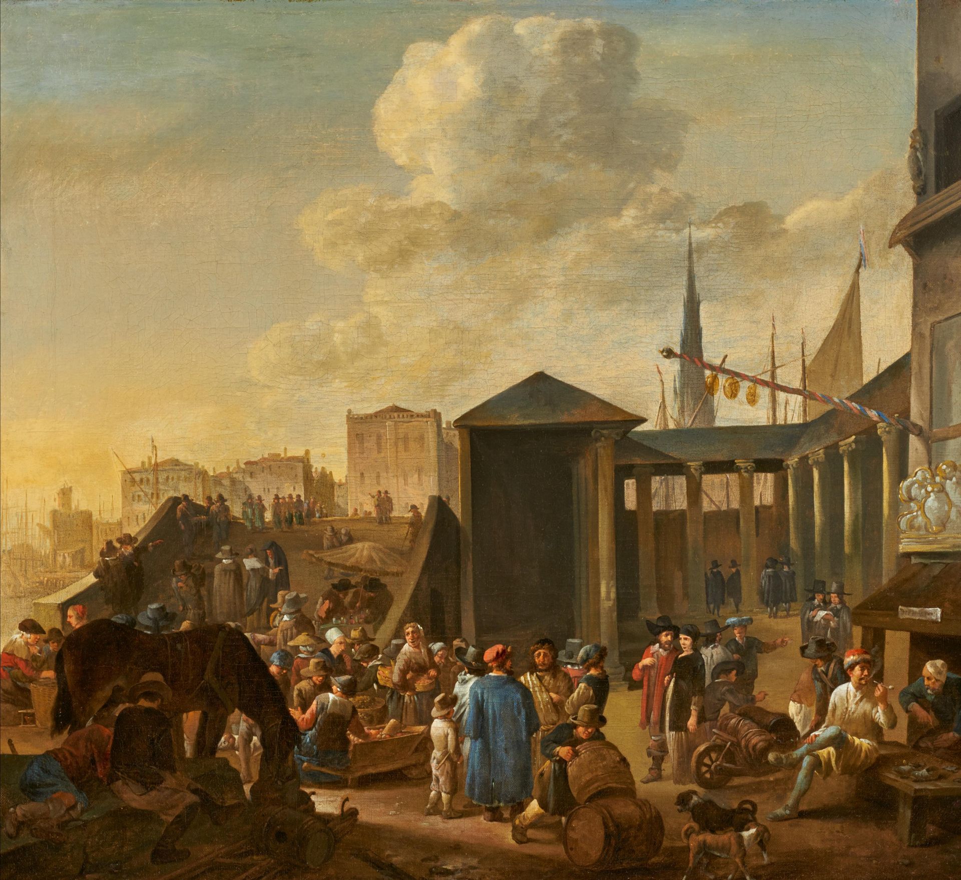 Johannes Lingelbach - attributed: Market Scene on the Quay Walls of an Italian Port City