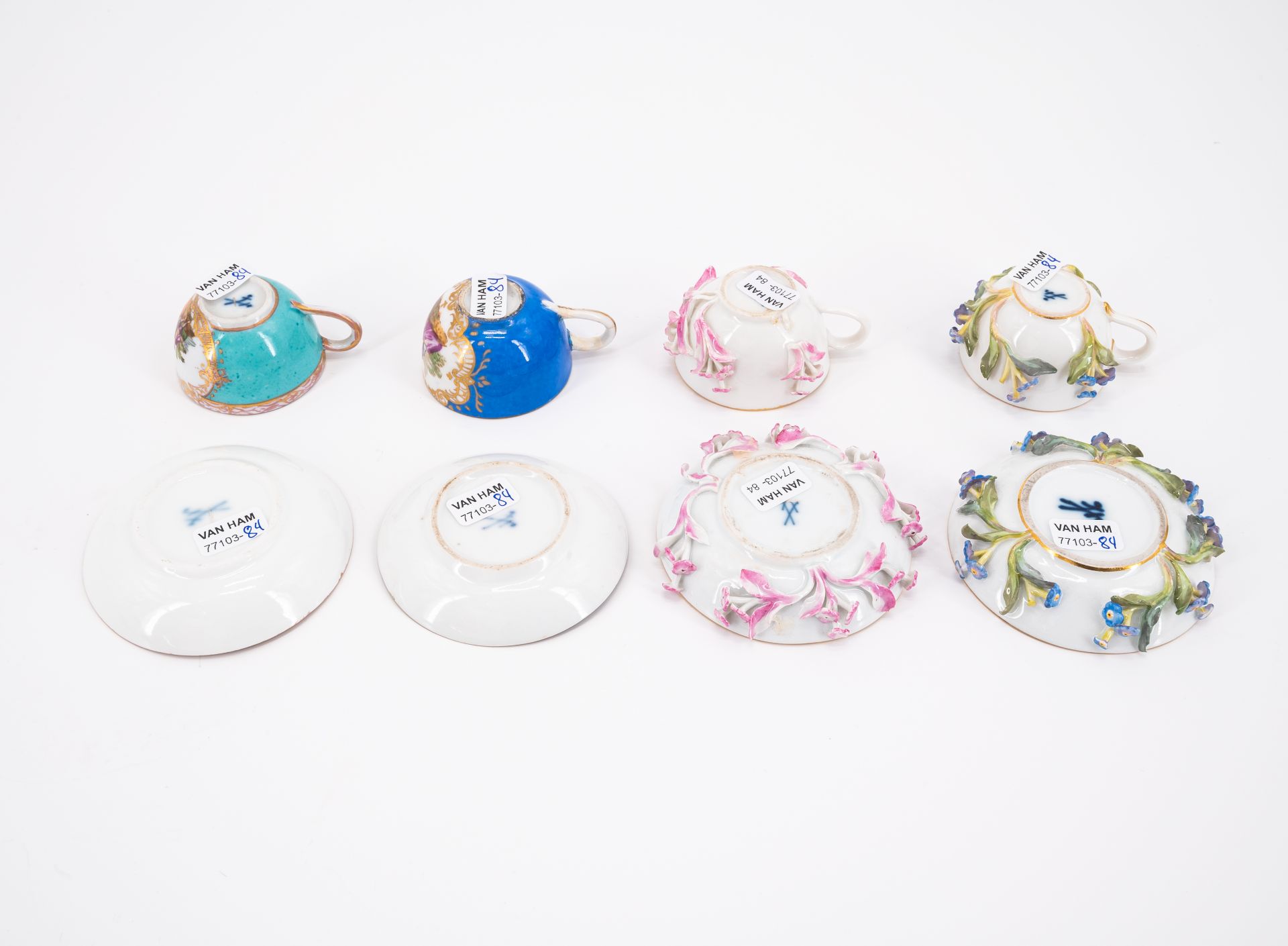 ENSEMBLE OF FIVE PORCELAIN MINIATURE CUPS AND SAUCERS WITH APPLIED FLOWERS - Image 4 of 6