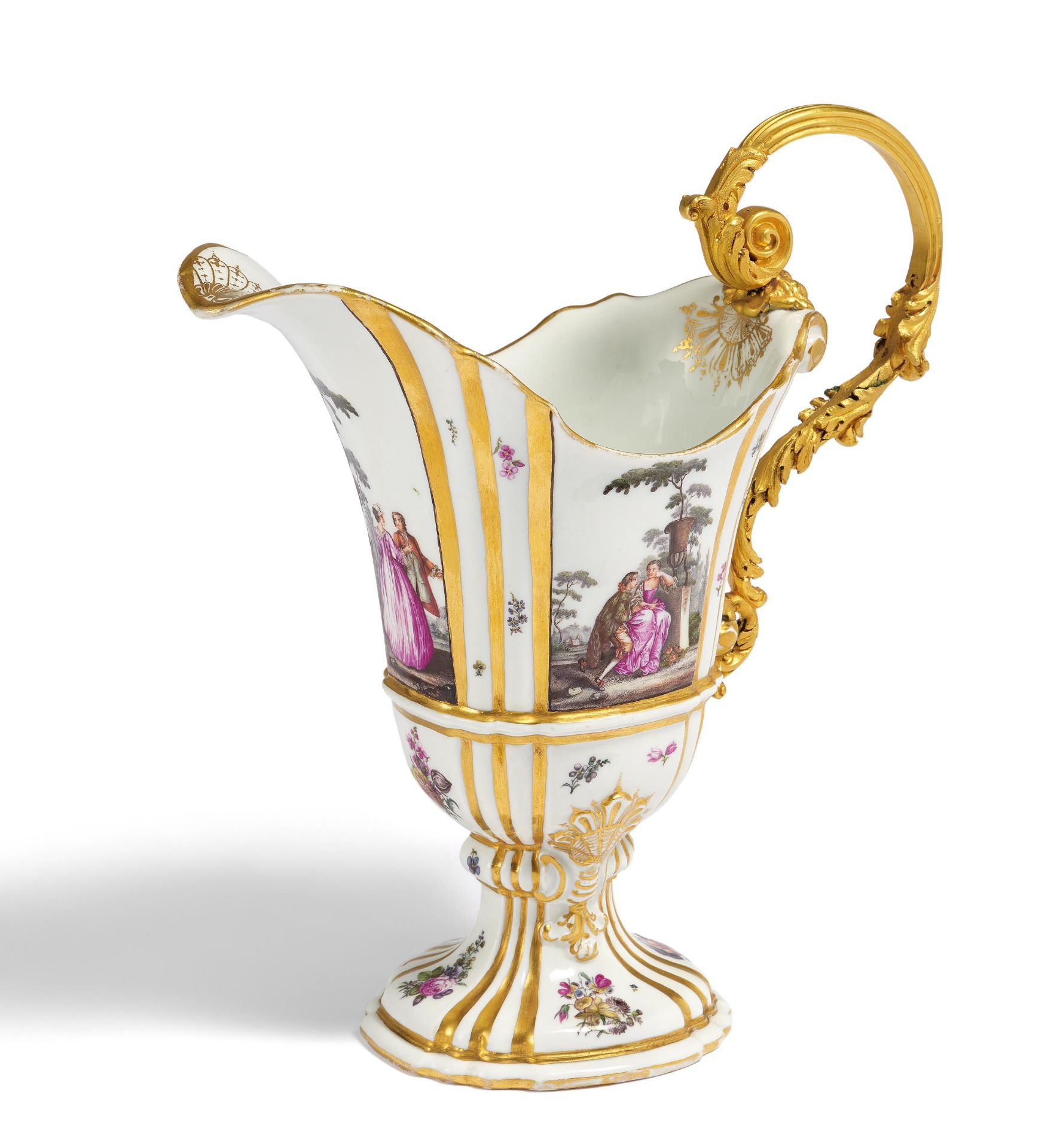 Meissen: PORCELAIN HELMET JUG WITH WATTEAU SCENES