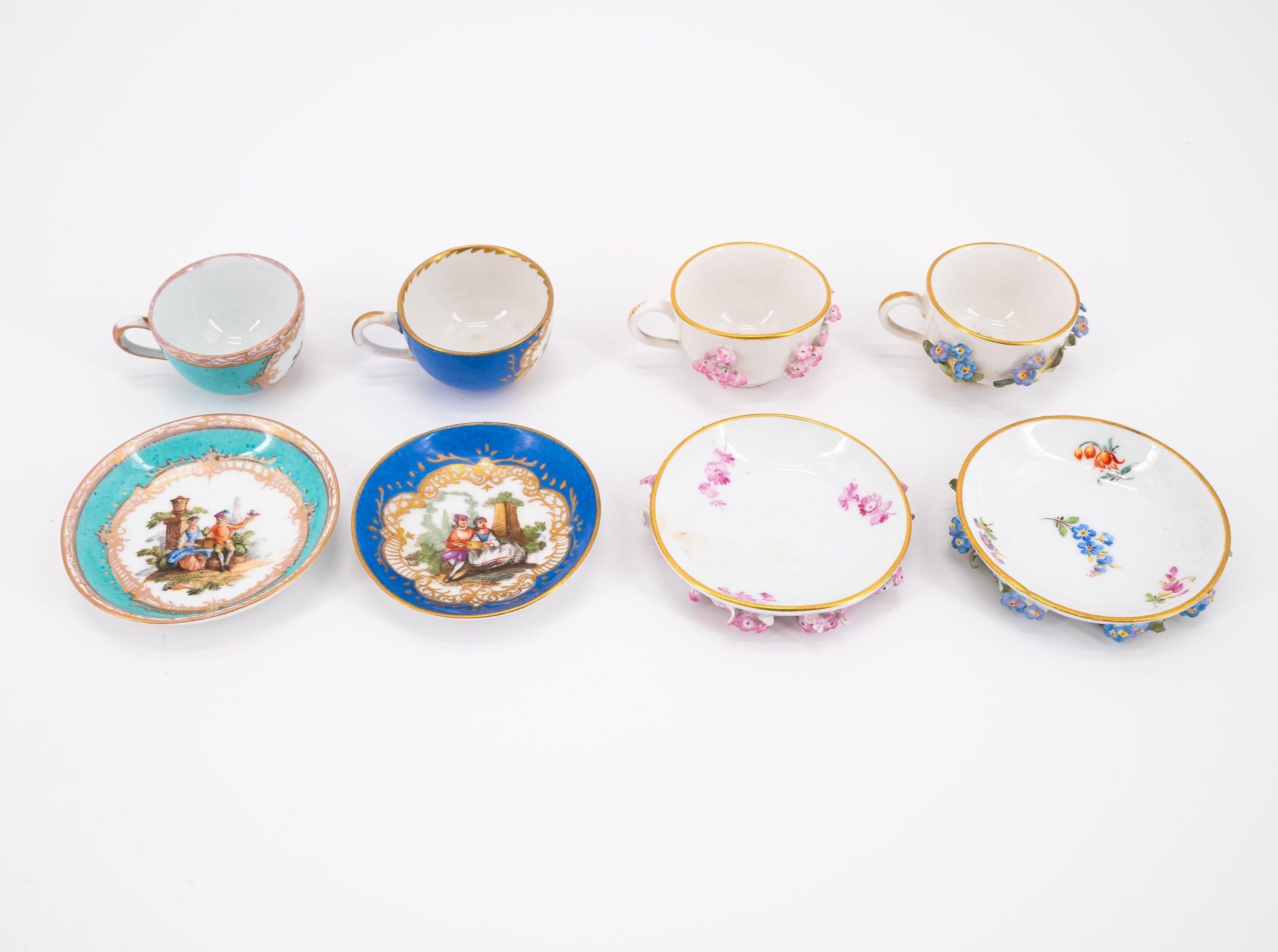 ENSEMBLE OF FIVE PORCELAIN MINIATURE CUPS AND SAUCERS WITH APPLIED FLOWERS - Image 3 of 6