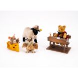Steiff: ENSEMBLE OF FOUR STEIFF ANIMALS MADE OF FABRIC, COTTON WOOL AND WOOD