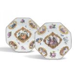 Meissen: PAIR OF OCTOGONAL PORCELAIN PLATES WITH WATTEAU SCENES AND FLOWER PAINTINGS