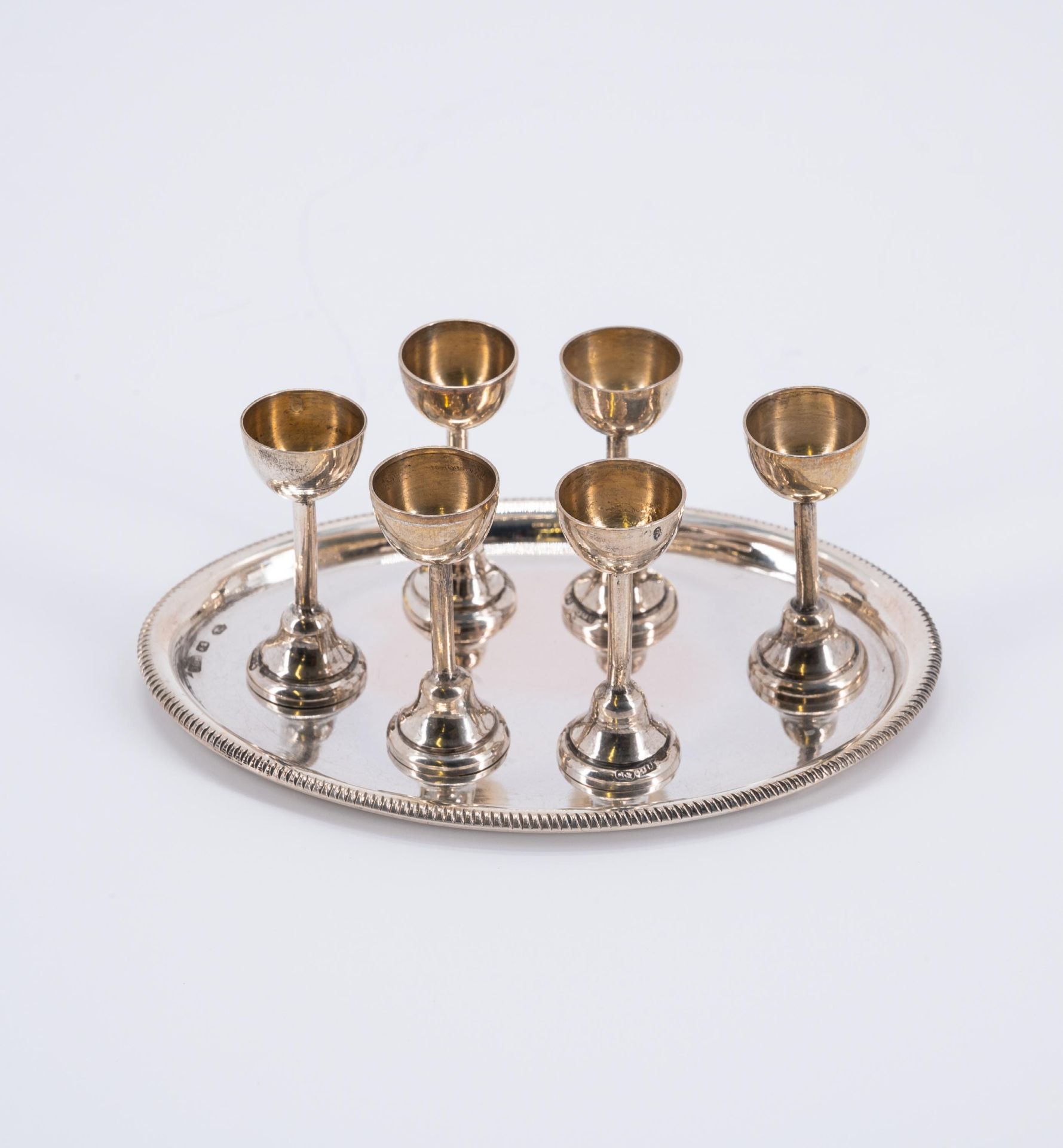 SILVER MINIATURE SERVICE, SIX MINIATURE PLATES AND TWICE SIX GOBLETS ON TRAY - Image 6 of 9