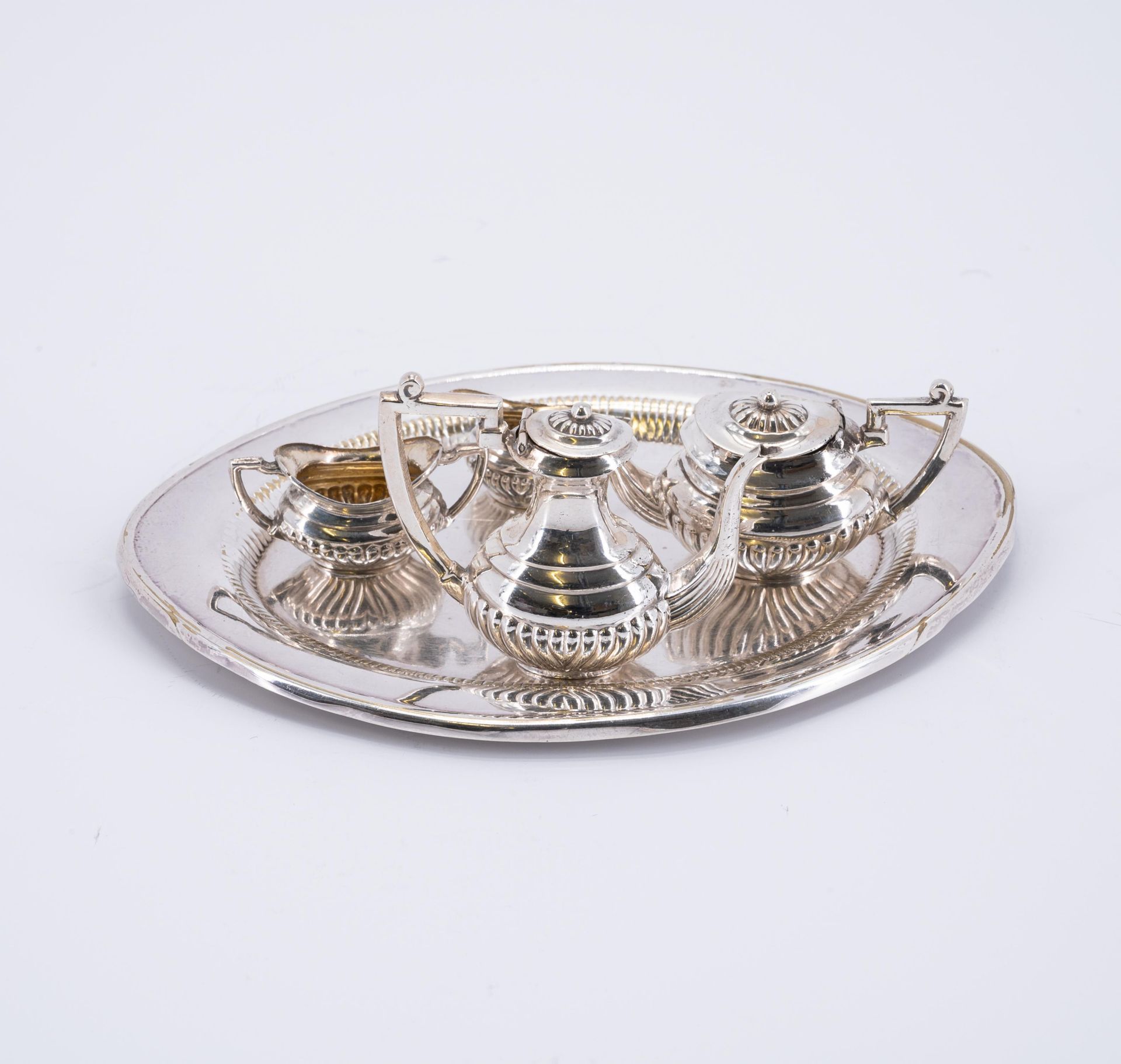 TWO SILVER MINIATURE SERVICES, SILVER MINIATURE CHOCOLADE POT, SILVER MINIATURE DUSTPAN - Image 5 of 7