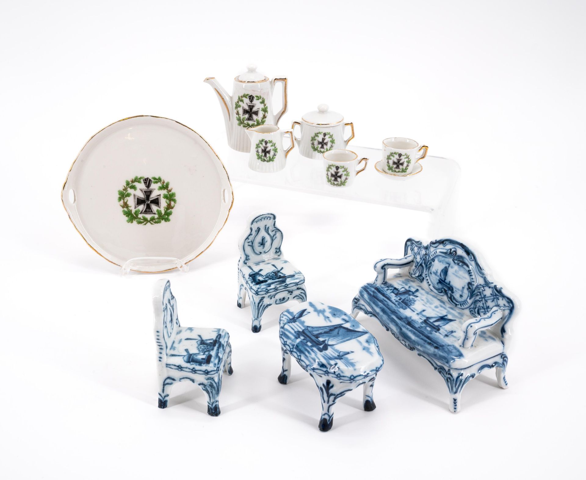 Netherlands: ENSEMBLE OF DELFT PORCELAIN MINIATURE FURNITURE AND A DÉJEUNER WITH IRON CROSS AND OAK 