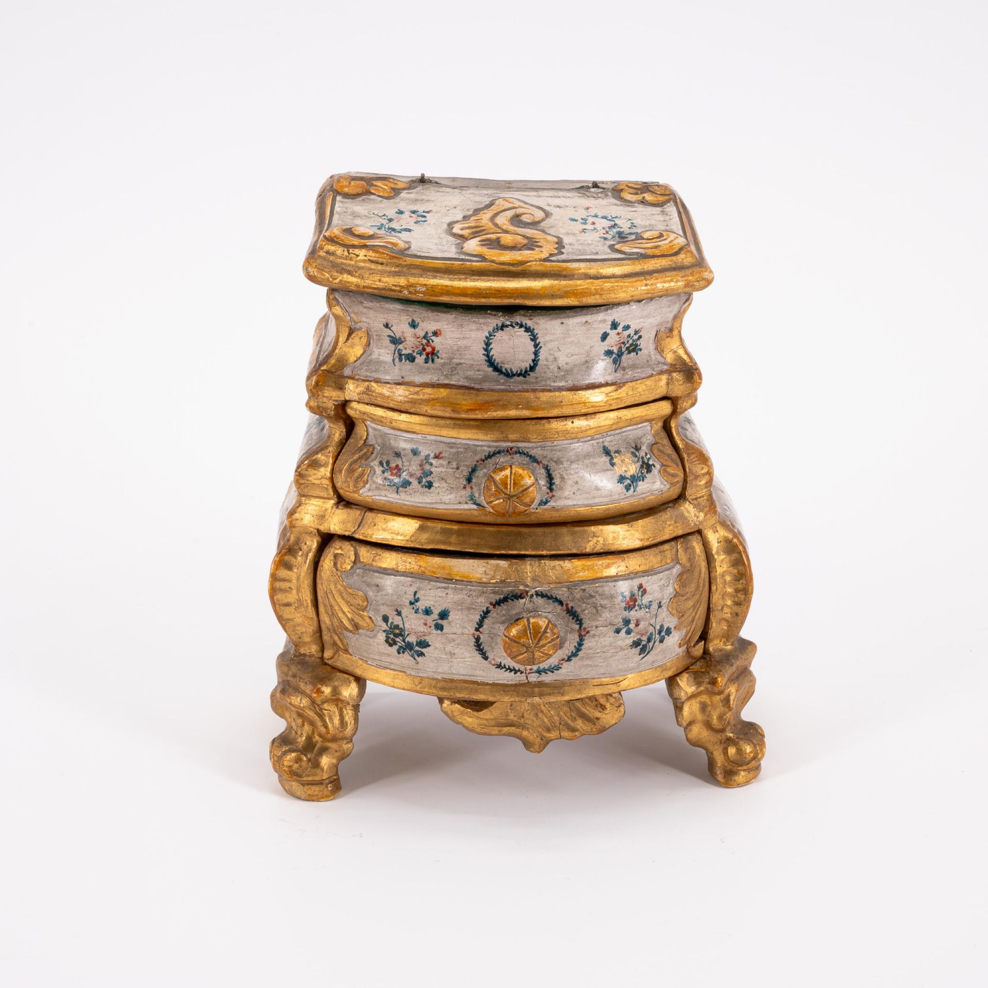 POLYCHROMED WOODEN MINIATURE ROCOCO CHEST OF DRAWERS - Image 2 of 7