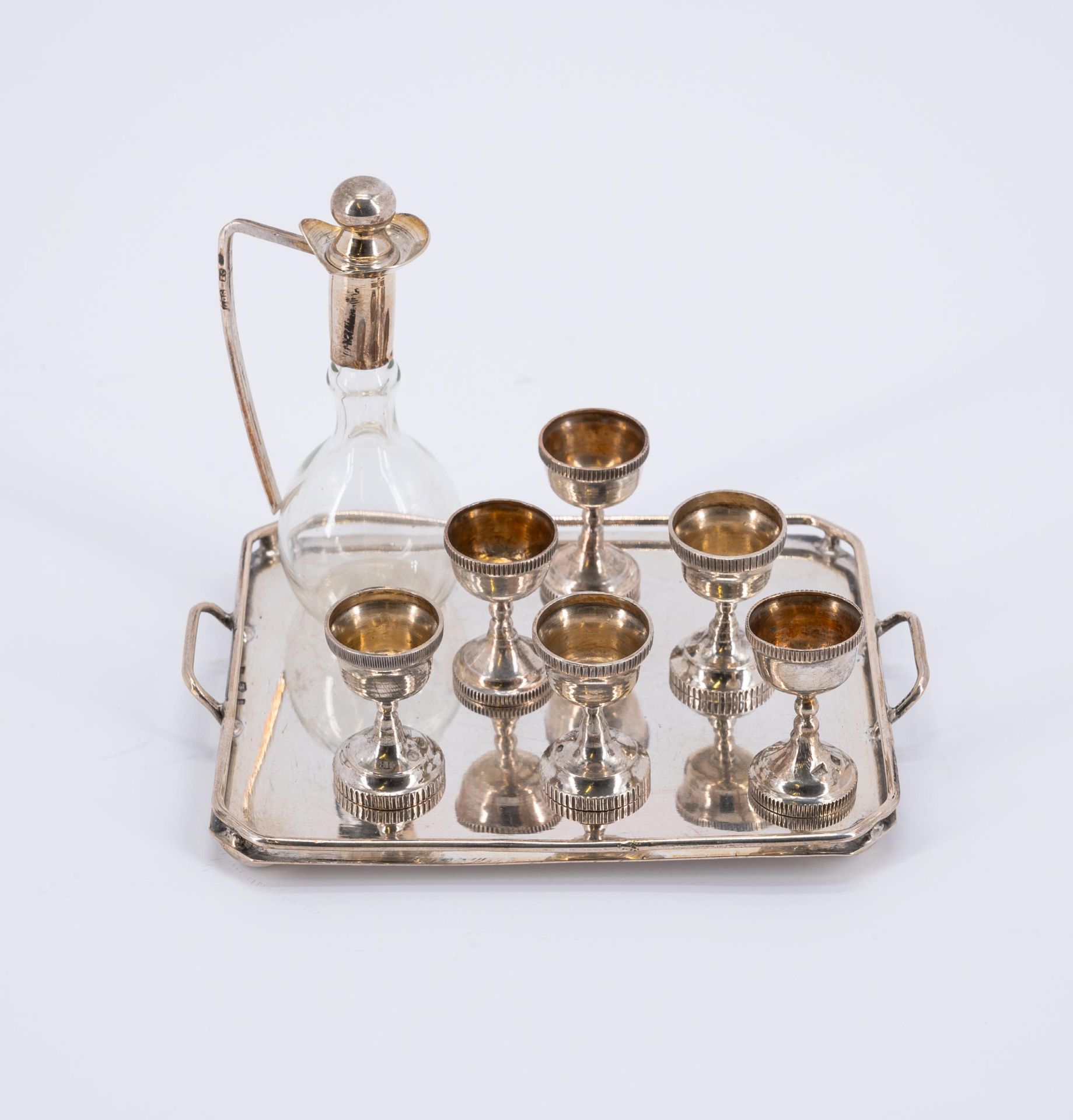 SILVER MINIATURE SERVICE, SIX MINIATURE PLATES AND TWICE SIX GOBLETS ON TRAY - Image 4 of 9